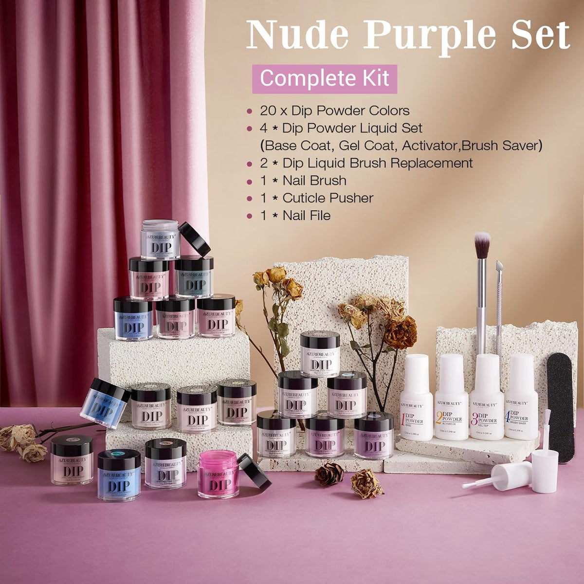 AZUREBEAUTY Dip Powder Nail Kit Starter 20 Colors Nude Brown Glitter Purple Blue Dipping Powder