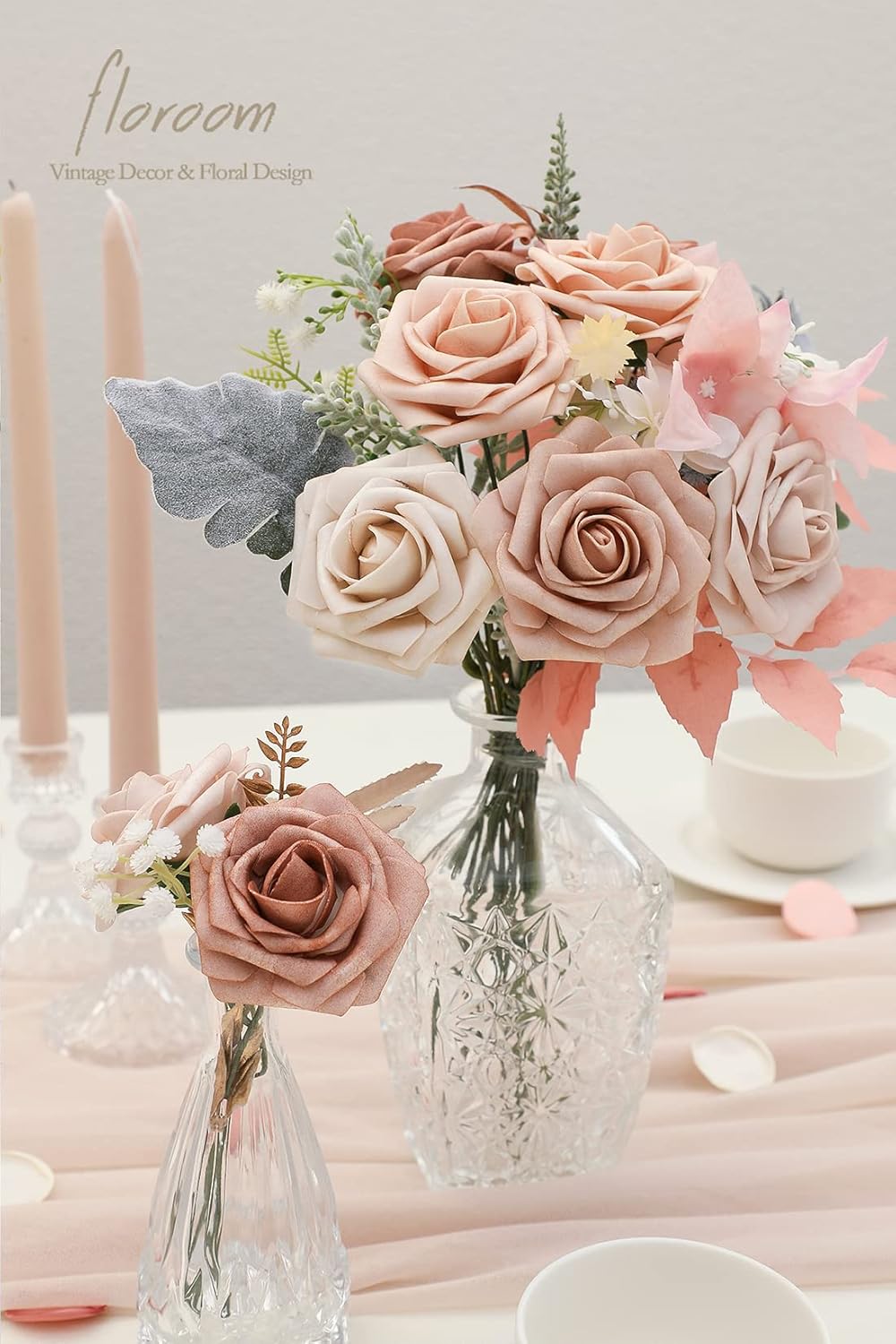 Floroom Artificial Flowers 25pcs Real Looking Morandi Peach Ombre Colors Foam Fake Roses with Stems