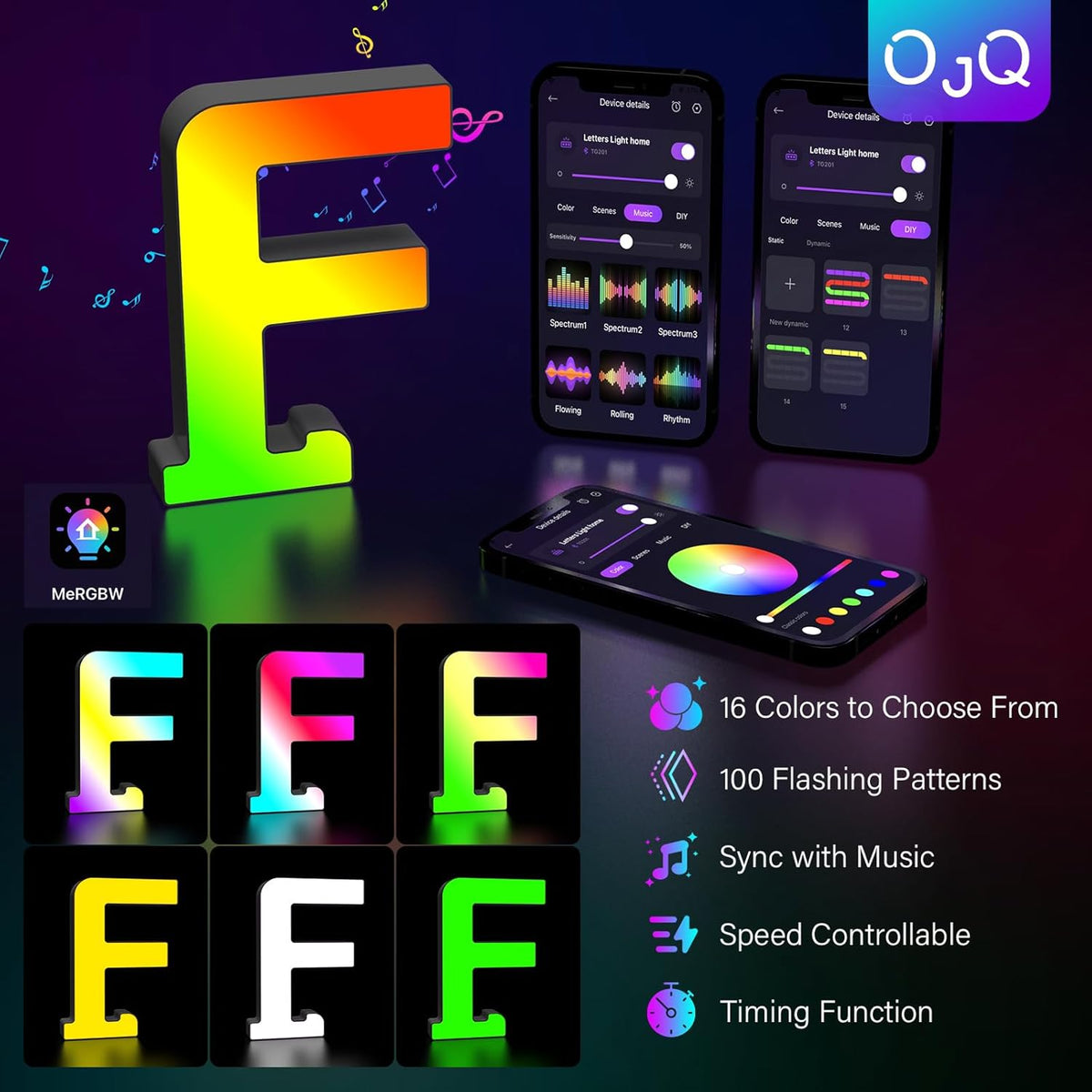 OJQ Light Up Letters LED Letter - Marquee Letters Room Decor Alphabet Letter Music Sync Color