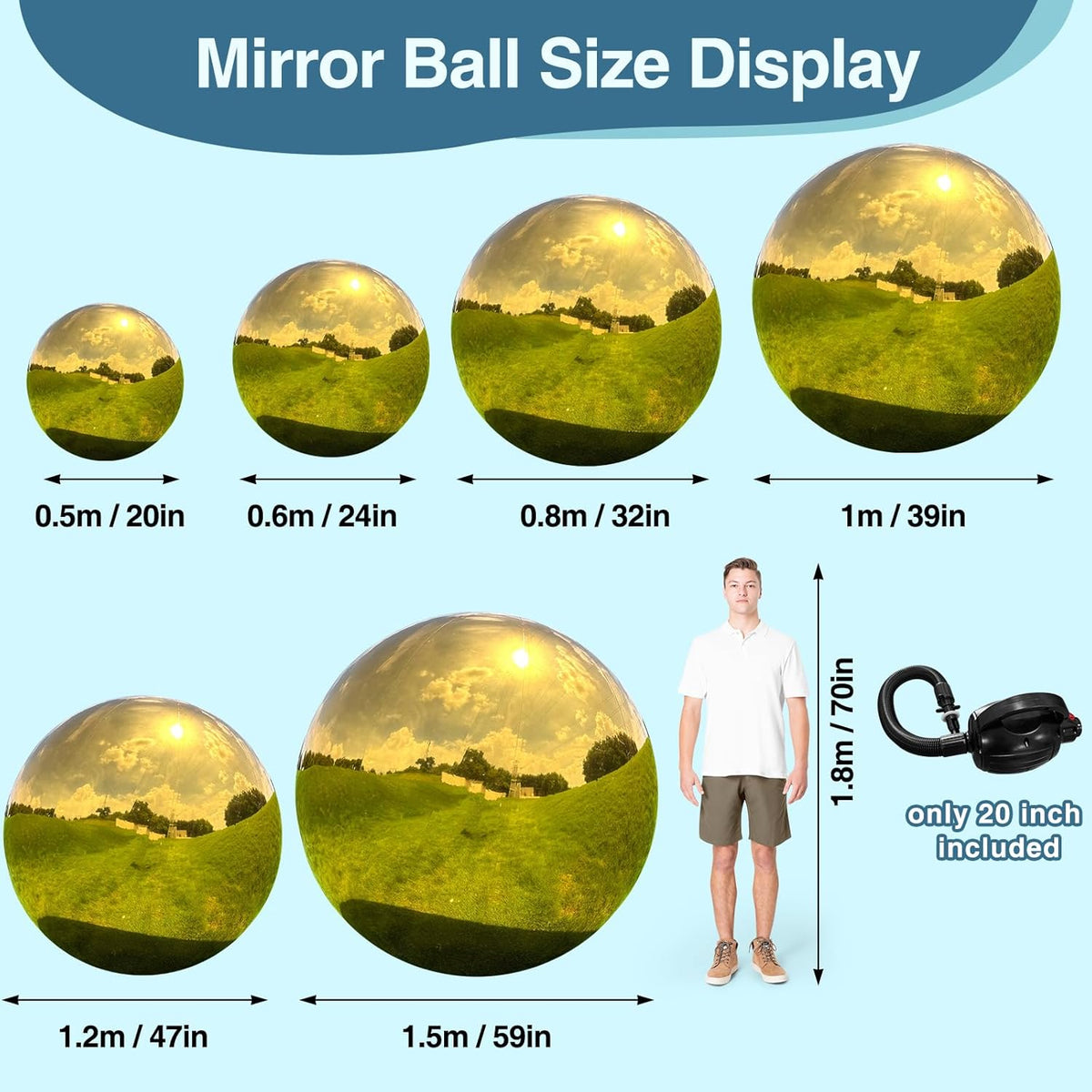 Inflatable Mirror Ball, Gold Big Shinny Balls Reusable Large PVC Disco Ball Balloon for Large Event