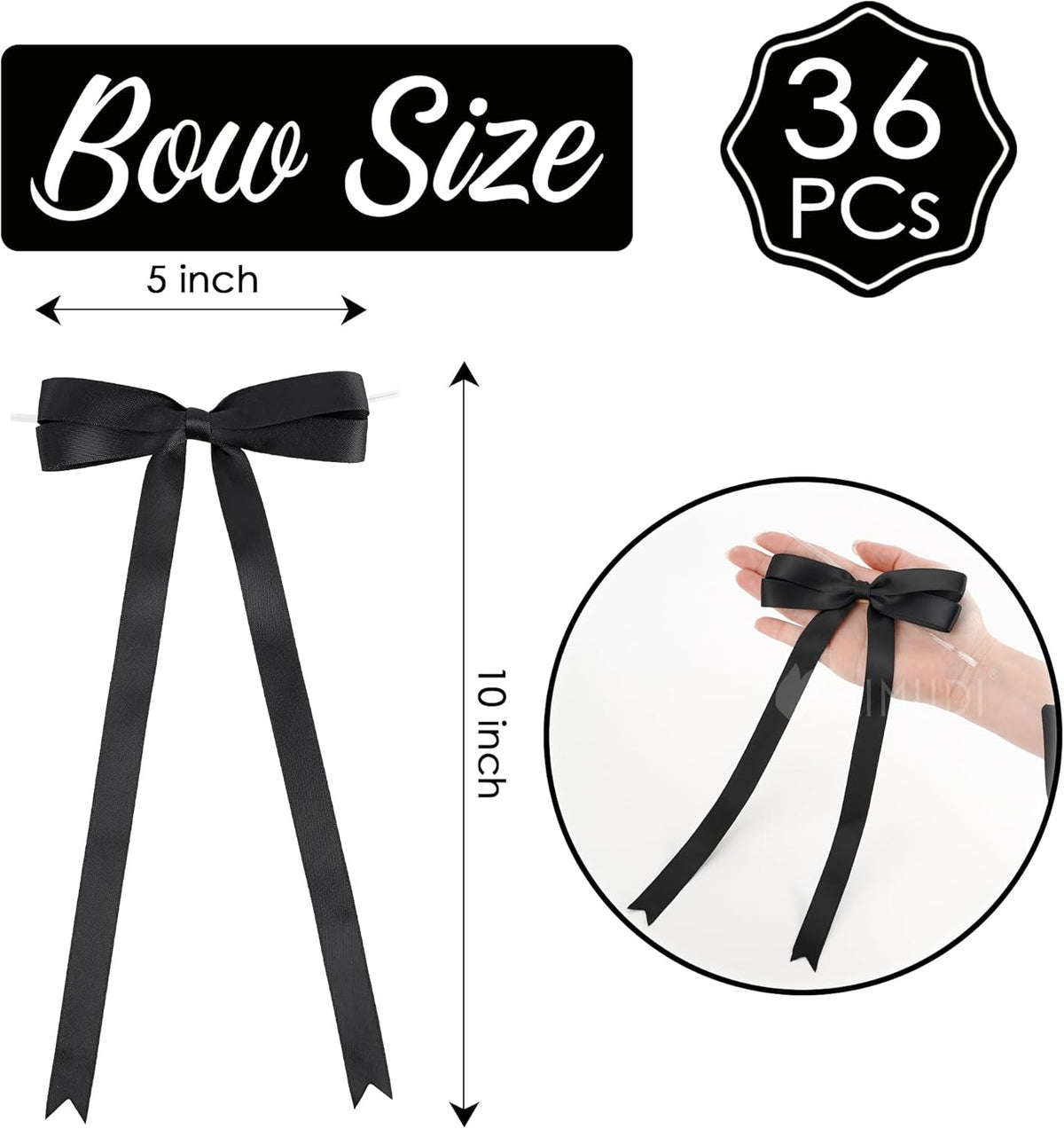AIMUDI Black Bow 5 × 10" Satin Bow for Gift Wrapping Twist Tie Bows Premade Ribbon Bows for