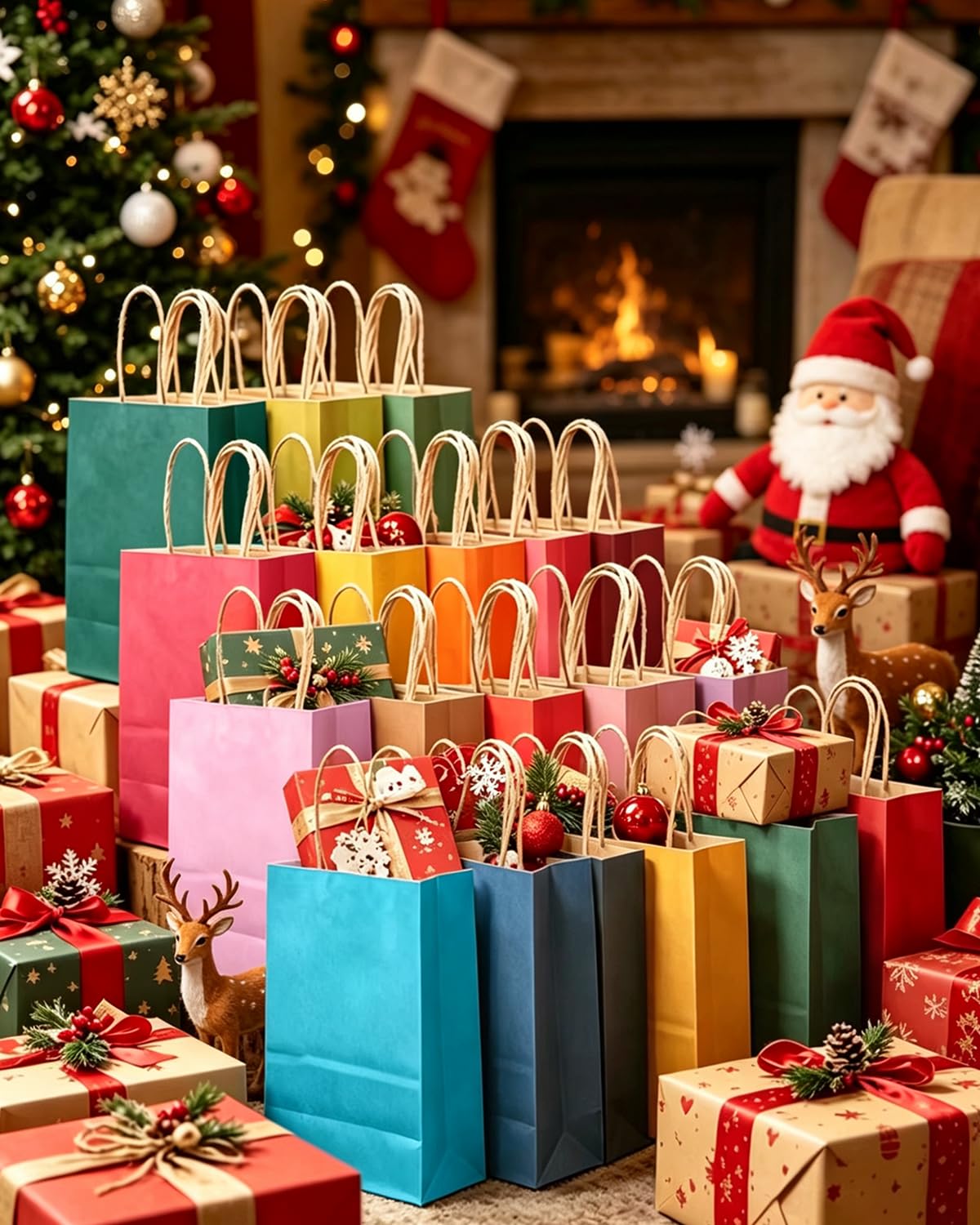 qiqee 24Pcs Small Gift Paper Bag with Handles Bulk - 8.3"x6"x3. 15" Rainbow Party Bags - Mulit Color