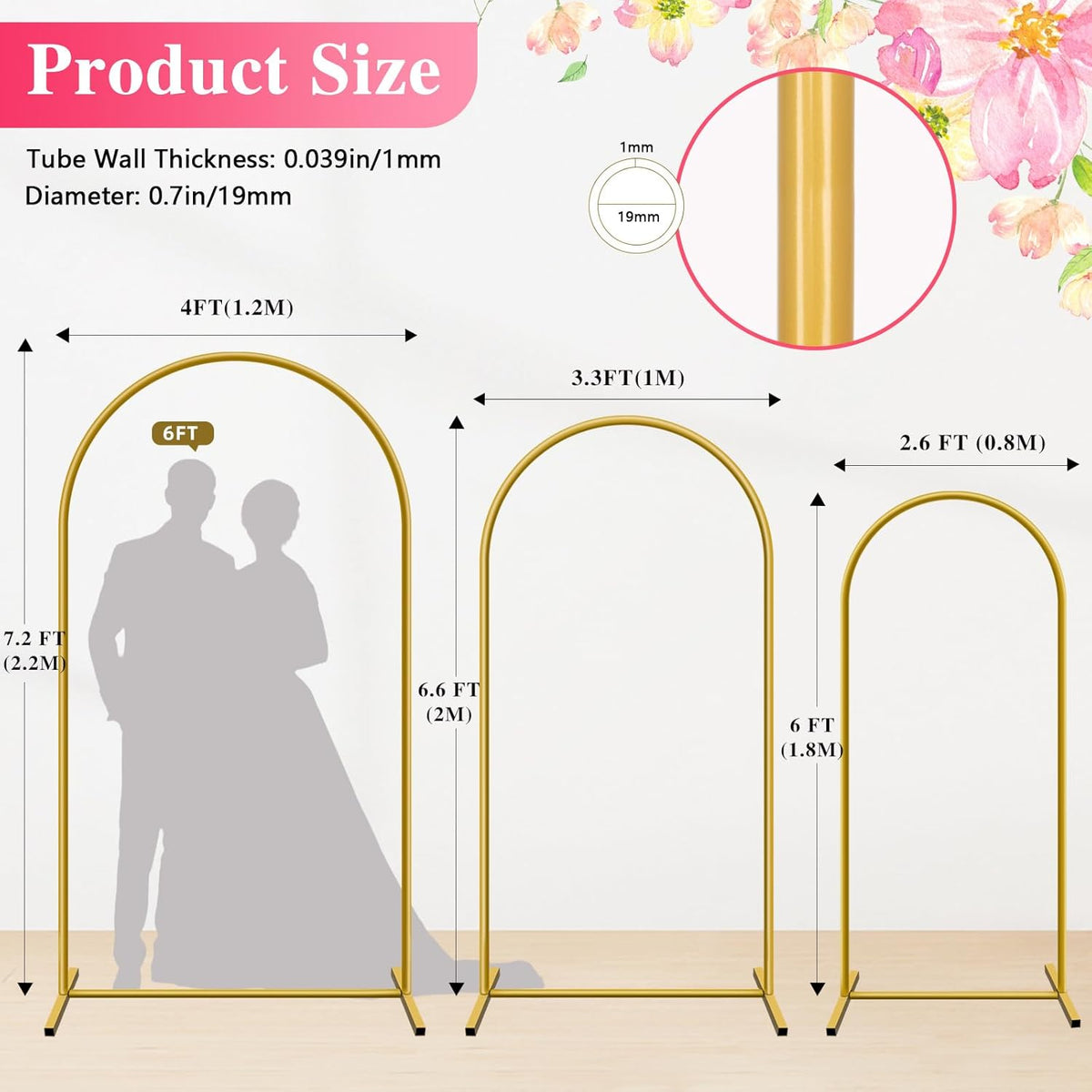 Metal Arch Backdrop Stand, Set of 3 (6/6.6/7.2 ft) Wedding Arched Frame with 12 Ground Nails