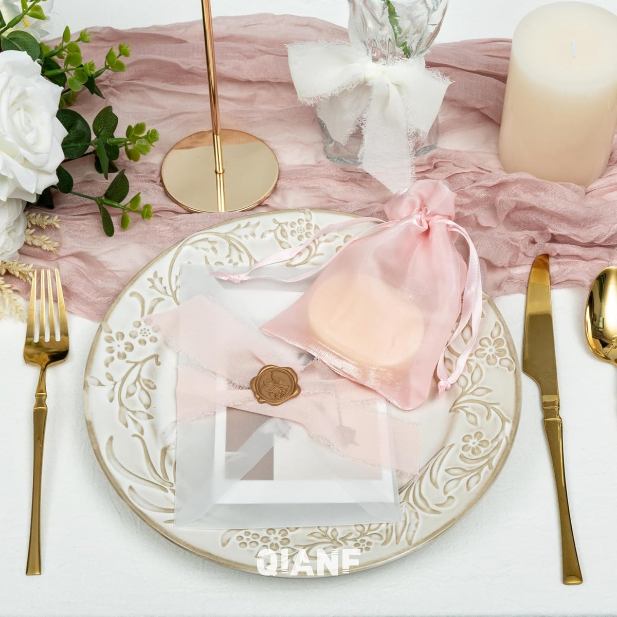 QIANF 20 Pcs Pink Small Organza Bags 3X4 inch for Wedding Favors with Drawstring, Mini Mesh Gift