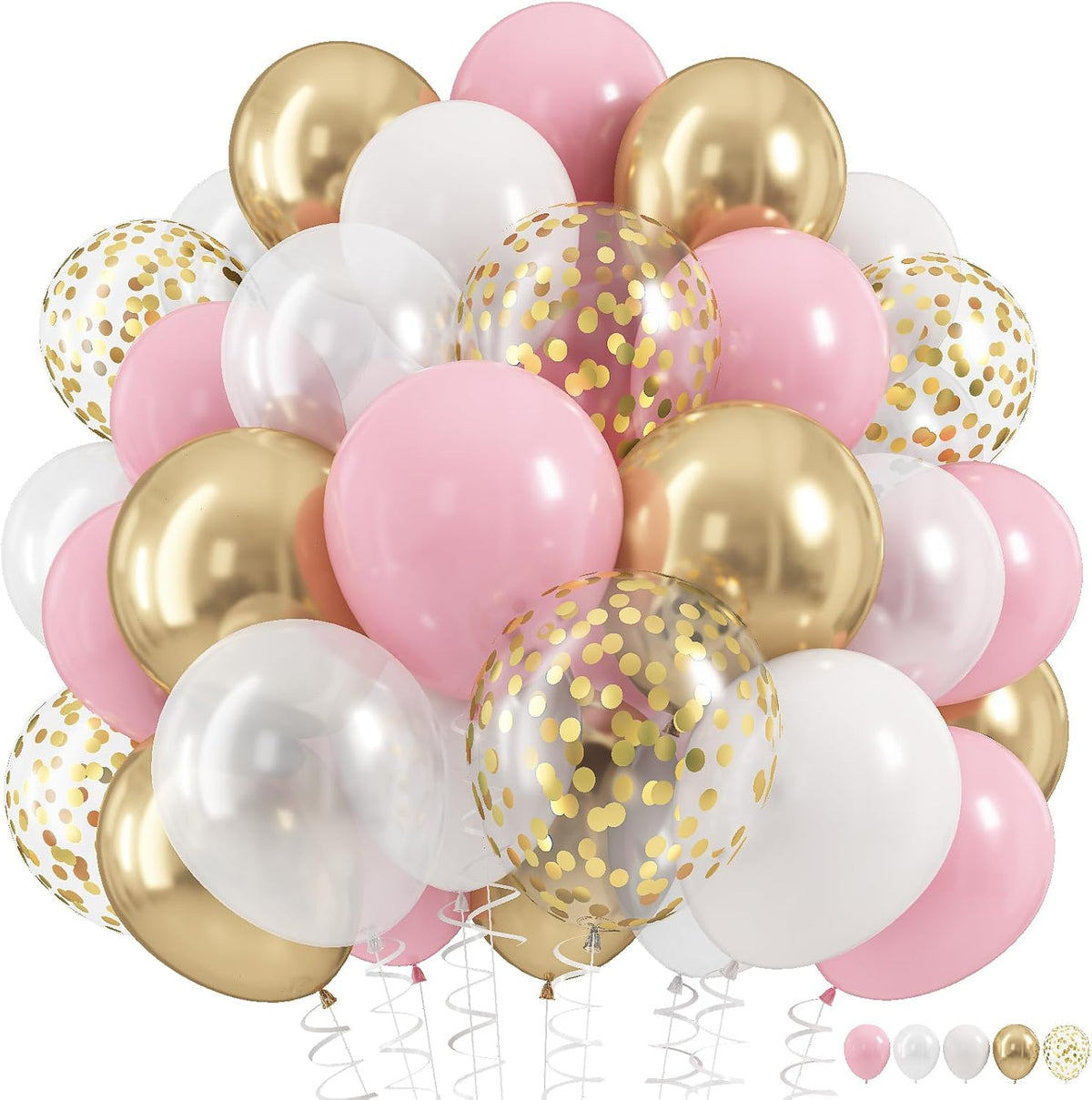 Pink Gold Balloons Set, 60Pcs 12 Inch Pastal Baby Pink Metallic Gold White Balloon with Gold