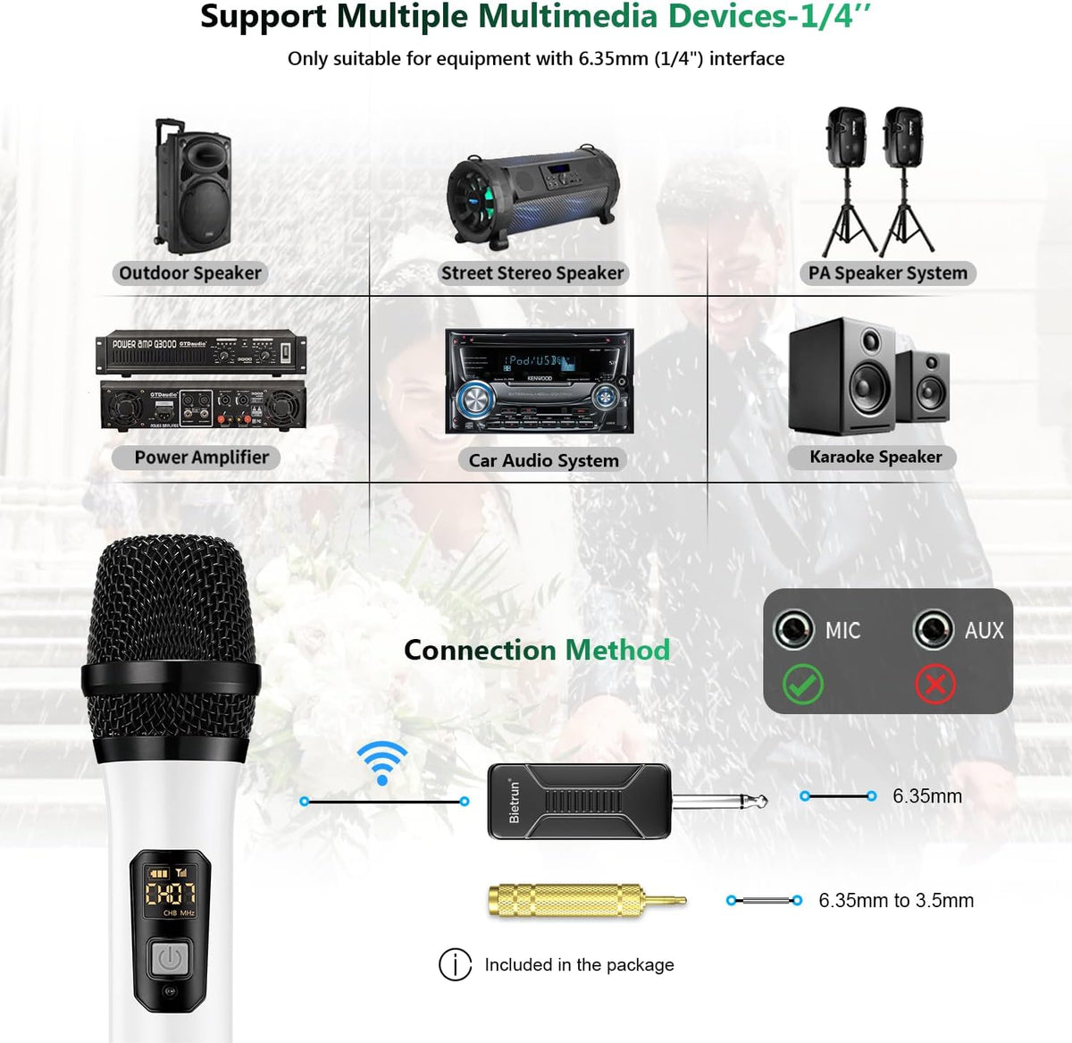 Wireless Microphone, Bietrun UHF Metal Dual Handheld Cordless Dynamic Mic System with Rechargeable
