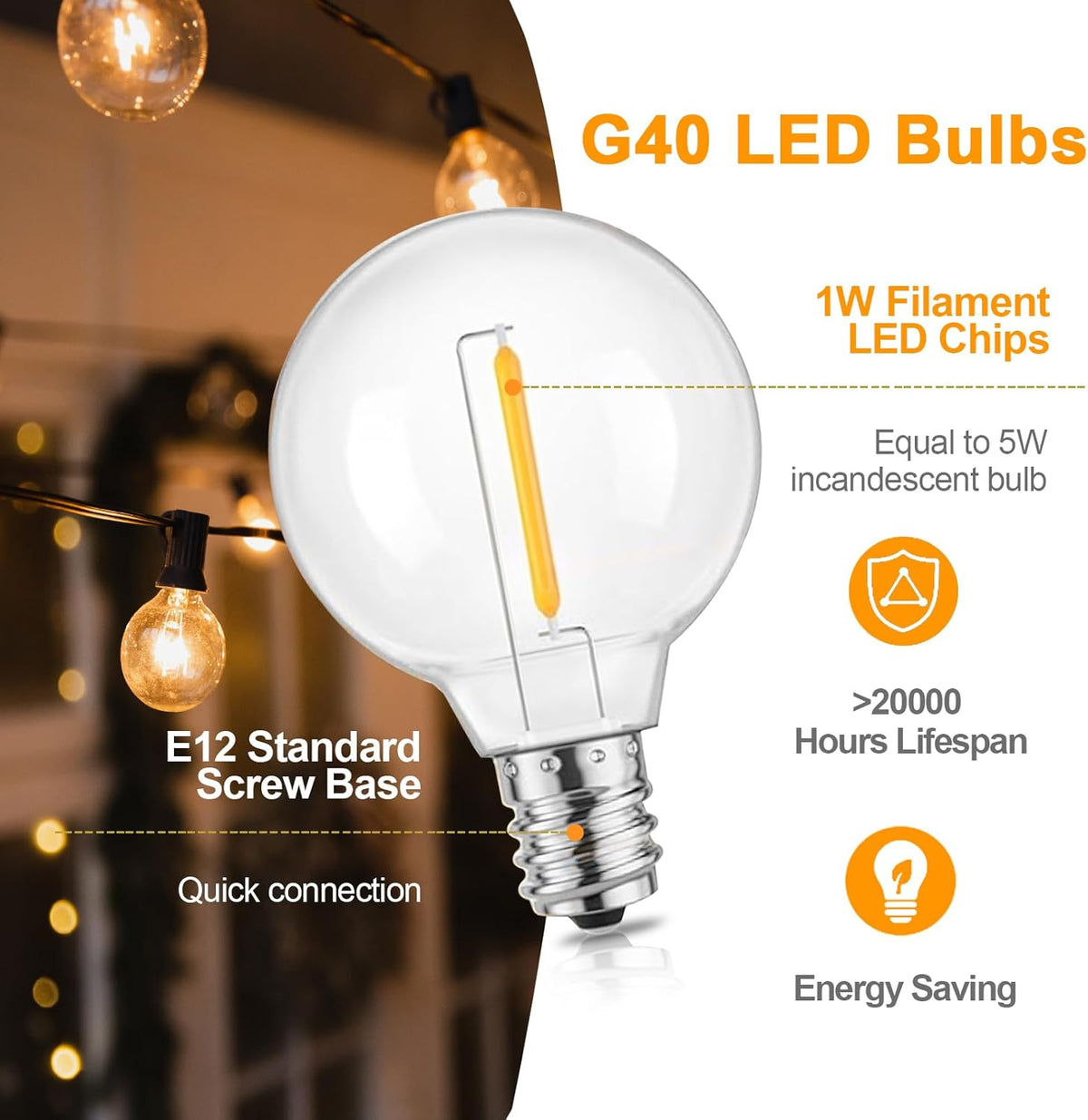 Outdoor String Lights, LED Patio Hanging Lights with Waterproof G40 Globe Plastic Bulbs for Outside