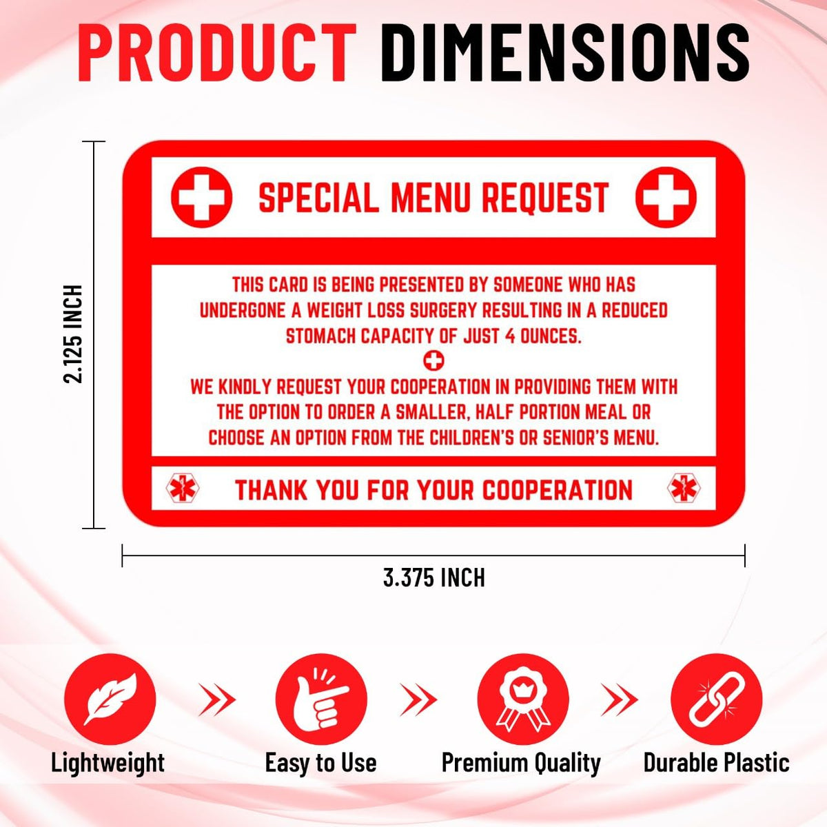 Bariatric Card for Restaurants, Special Menu Request Card, Portion Control Restaurant Request for