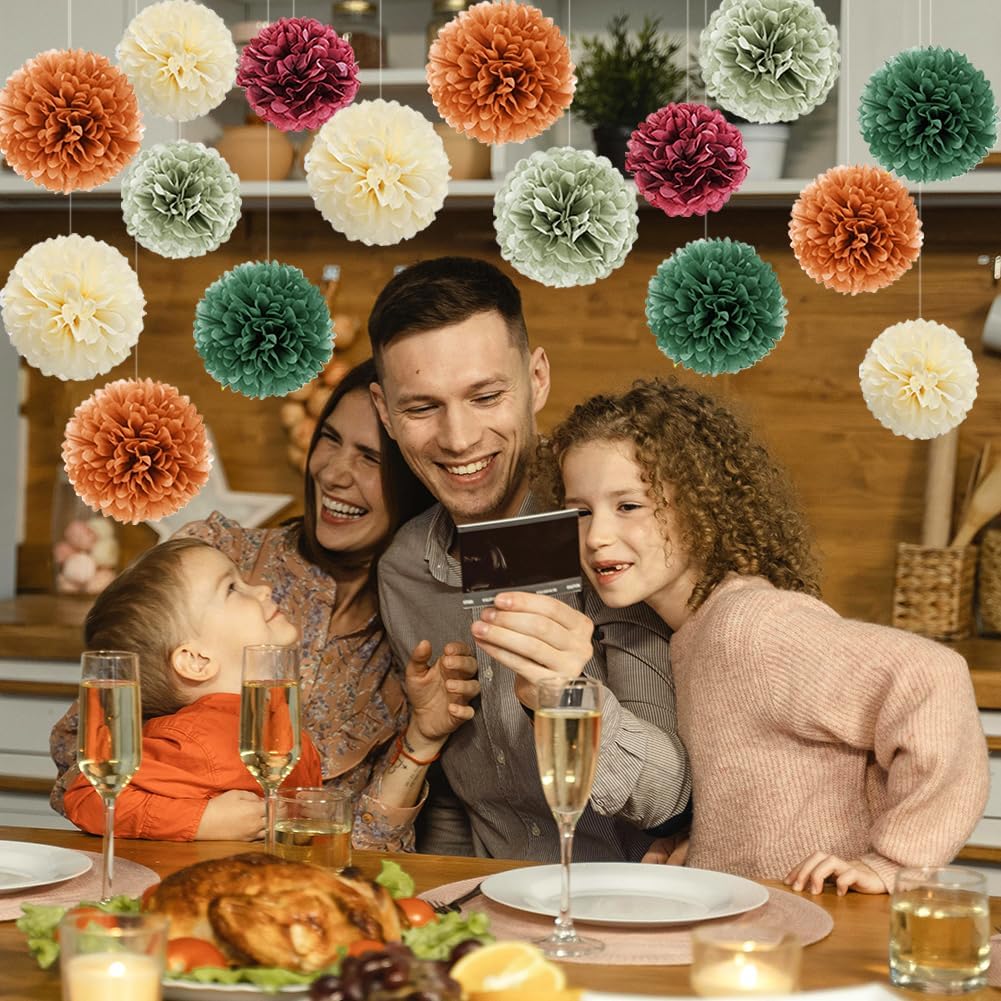 Fall Party Decorations 16pcs Orange Green Tissue Pom Pom Decorations Burgundy Sage Green Fall