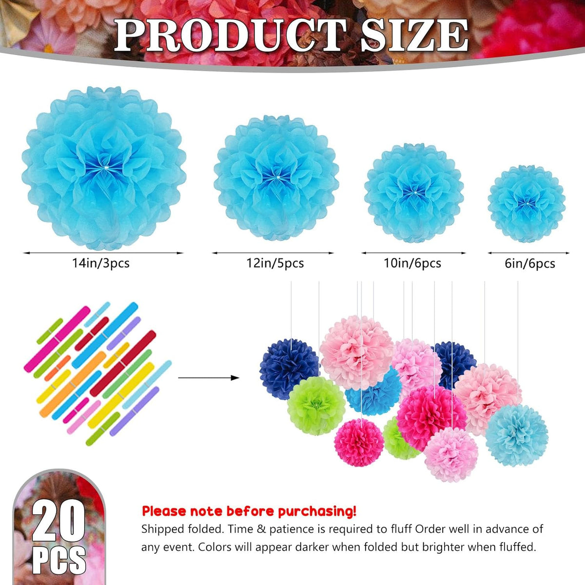 Tissue Paper Pom Poms, Blue Tissue Paper Flowers, Hanging Flower Balls for Weddings Fiesta Parties