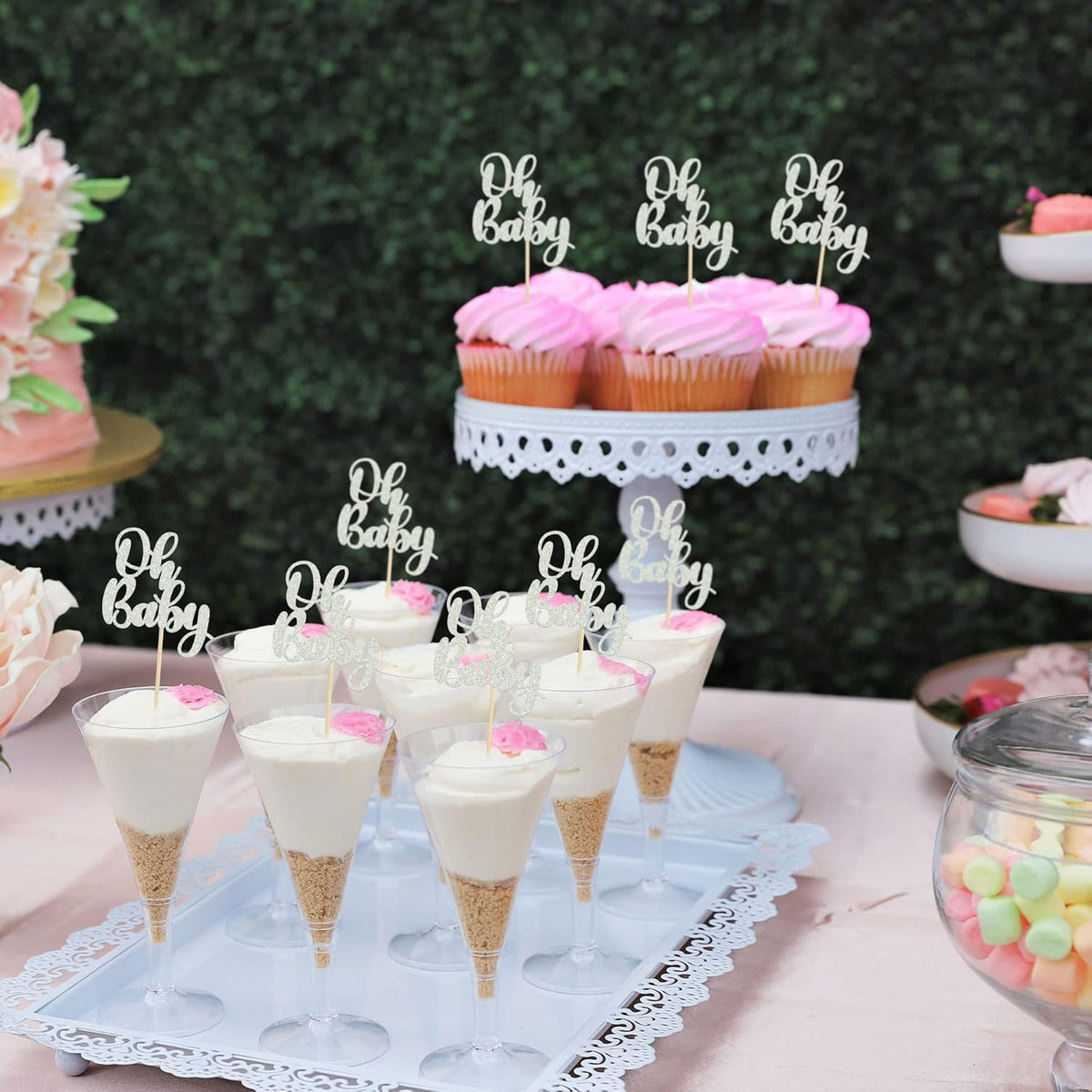 Gyufise 36 Pack Oh Baby Cupcake Toppers Silver Glitter Baby Shower Cupcake Picks Boys Girls