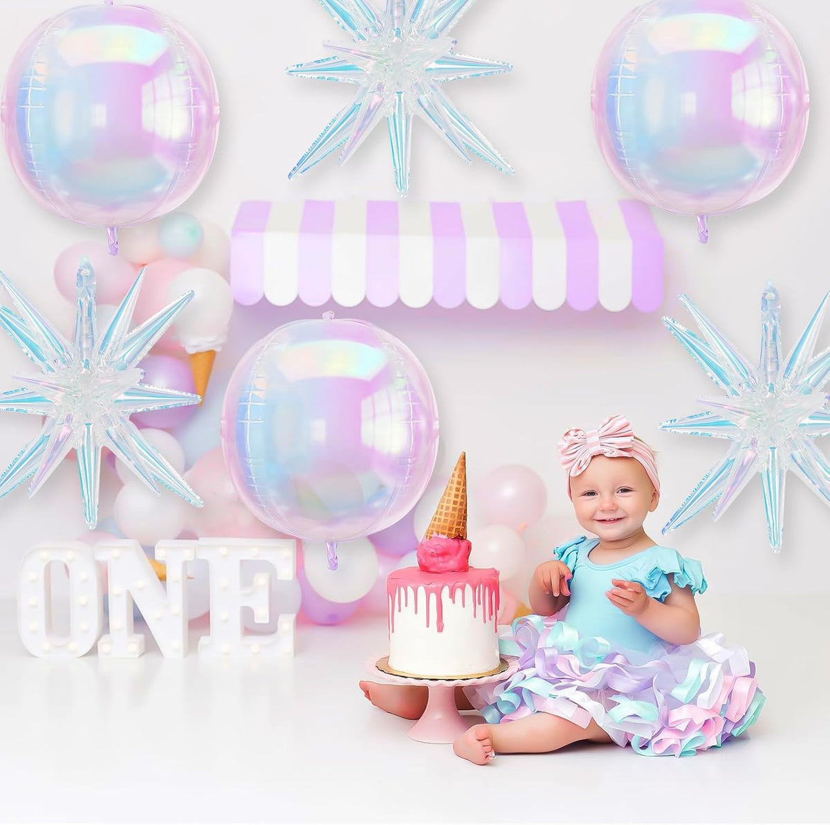 6Pcs Iridescent Foil Balloons, 22in 4D Round Ball and 18in Explosion Star Iridescent Balloons