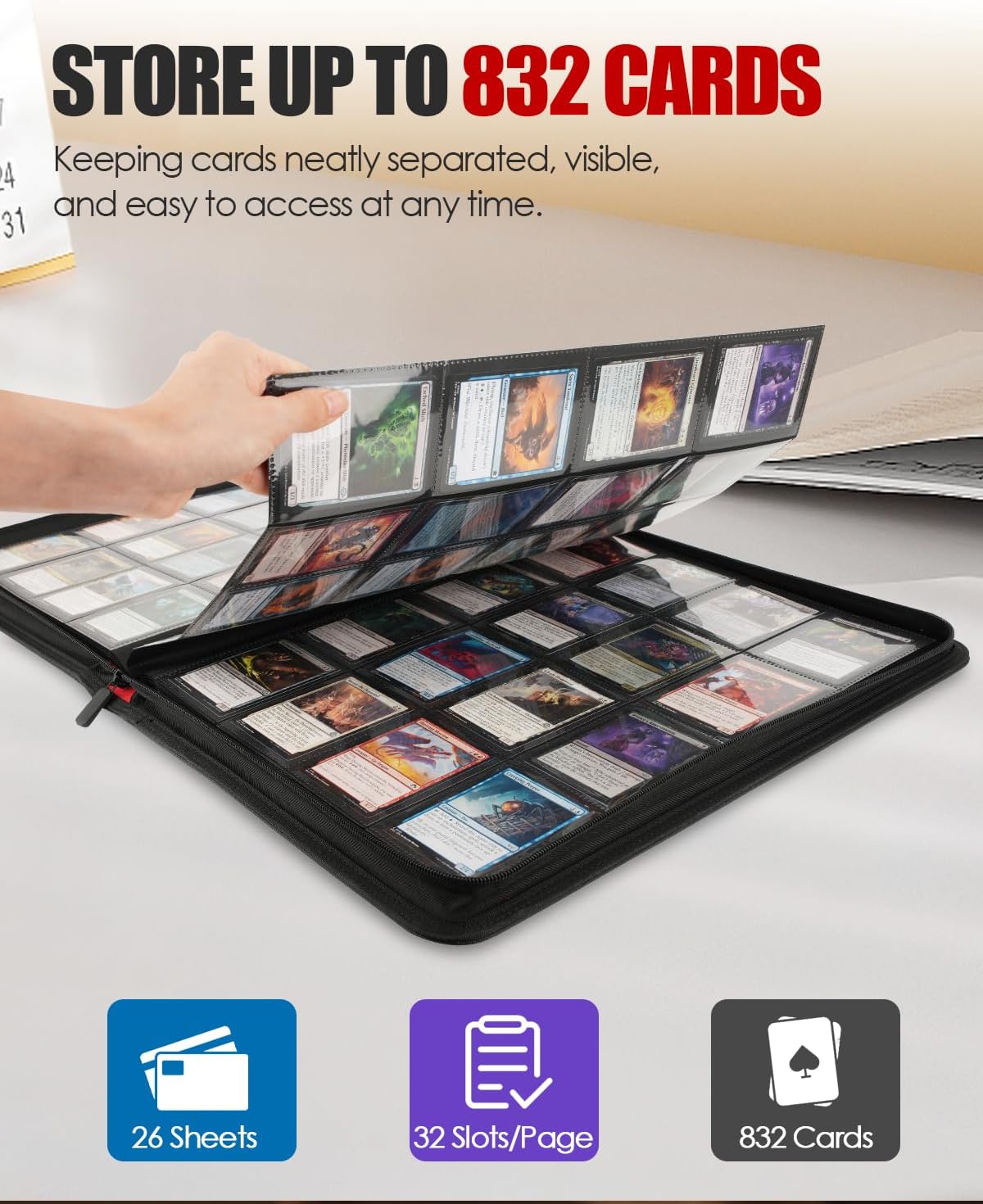 16-Pocket Card Binder - Card Binder Holds 832 Cards with Durable PU Leather & Side Loading for