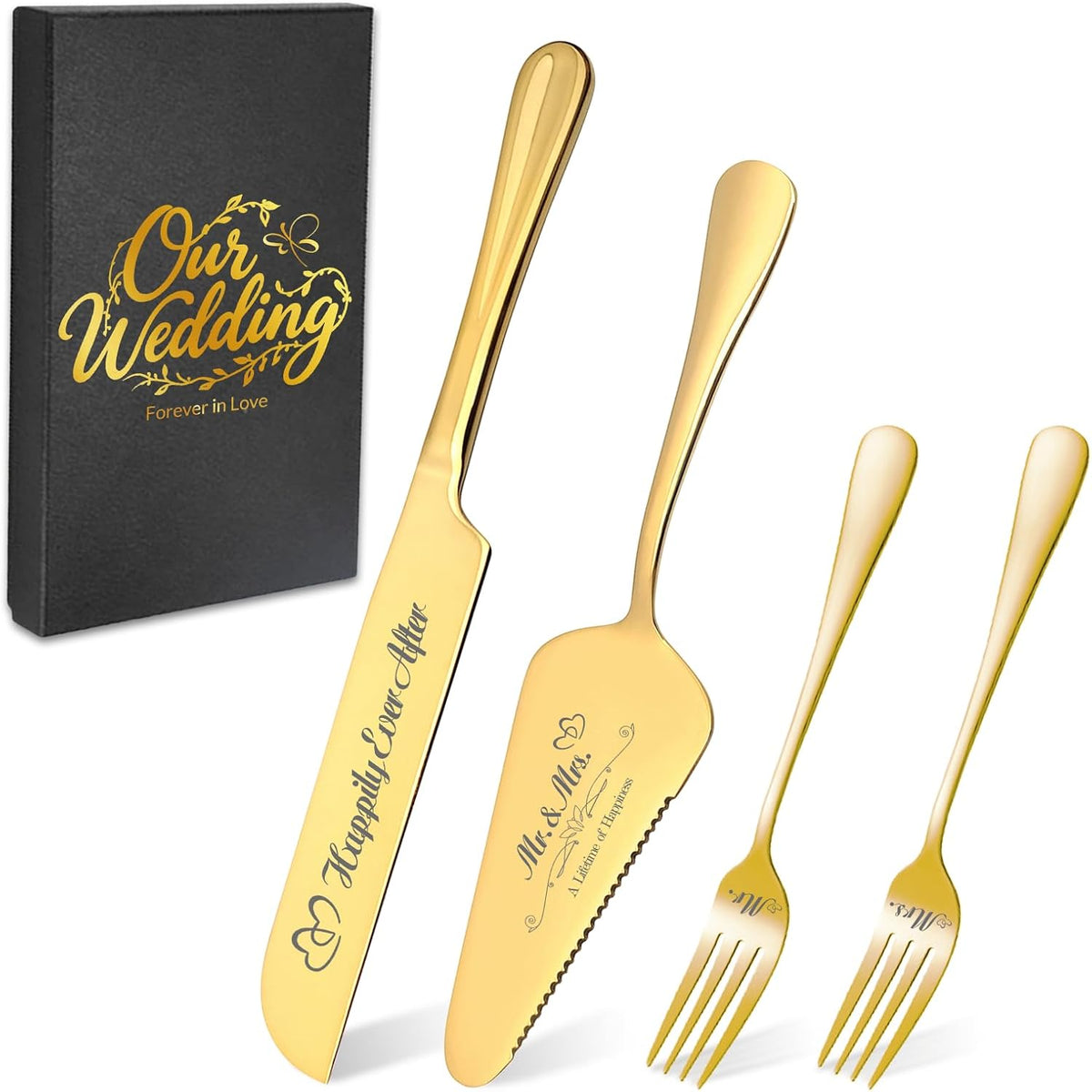 Personalized Wedding Cake Knife and Server Set, Wedding Gold Cake Cutting Set with Stainless Steel