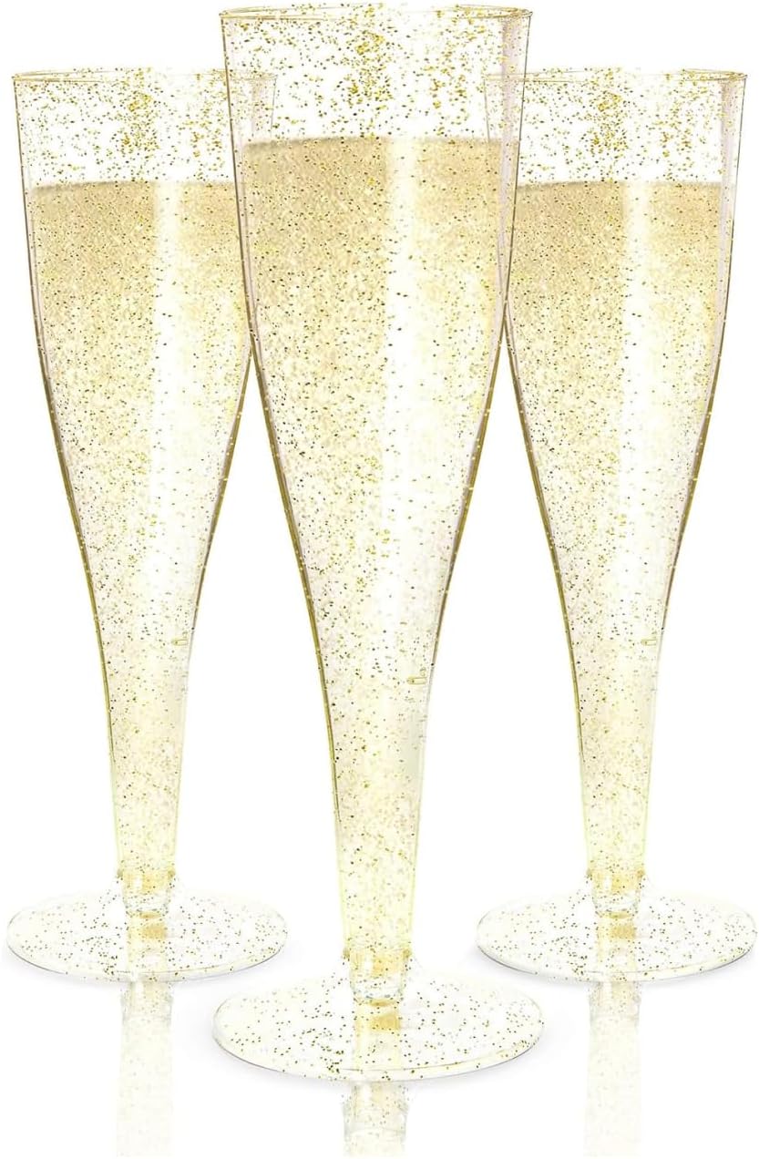 Prestee 48 Pack Champagne Flutes Plastic Disposable - Gold Glitter Flute Glasses for Champagne