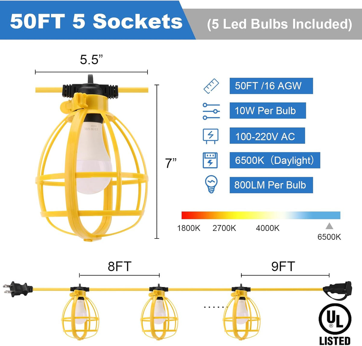 50FT Construction String Lights with Outdoor Extension Cord Safety Cover, 50W 5 Bulbs Work Lights