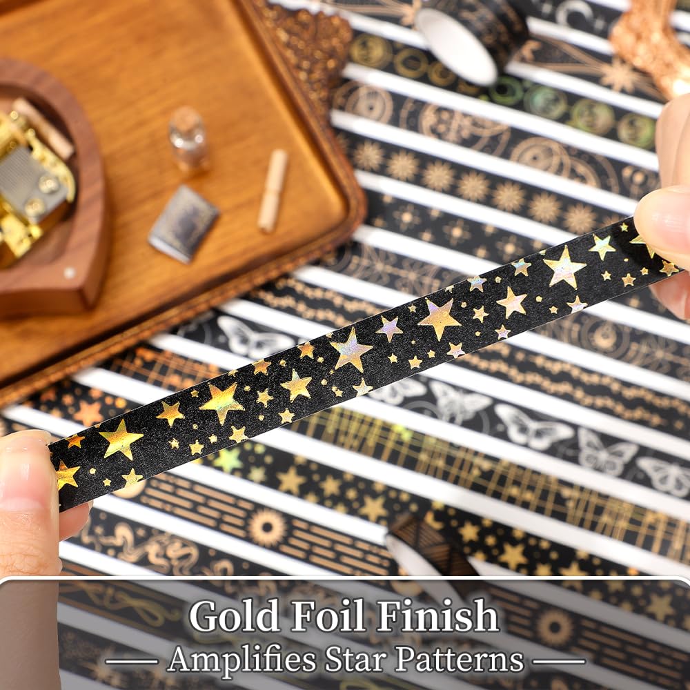 36 Rolls Glow-in-The-Dark Starry Washi Tape Set with Gold Foil Celestial Patterns - Writeable
