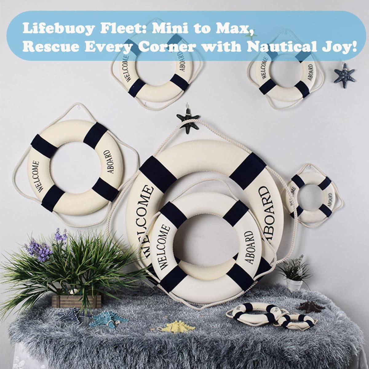 MorroMorn Lifebuoy Wall Hanging Decor - Welcome Aboard Mediterranean Style Home Decoration (Navy