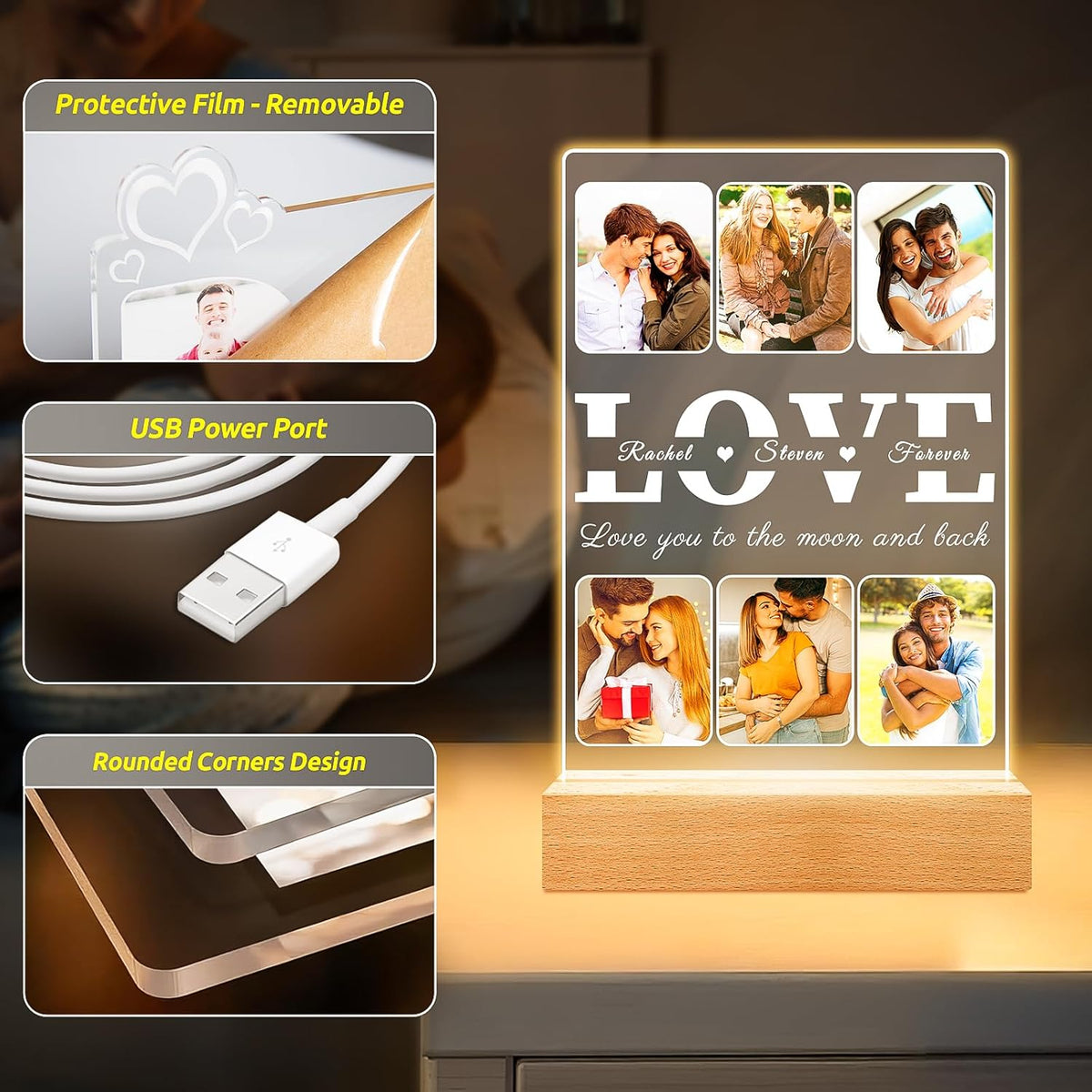 Personalized LOVE Picture Frames with Photo, Custom Photo Frame with Night Light, Customized Photo