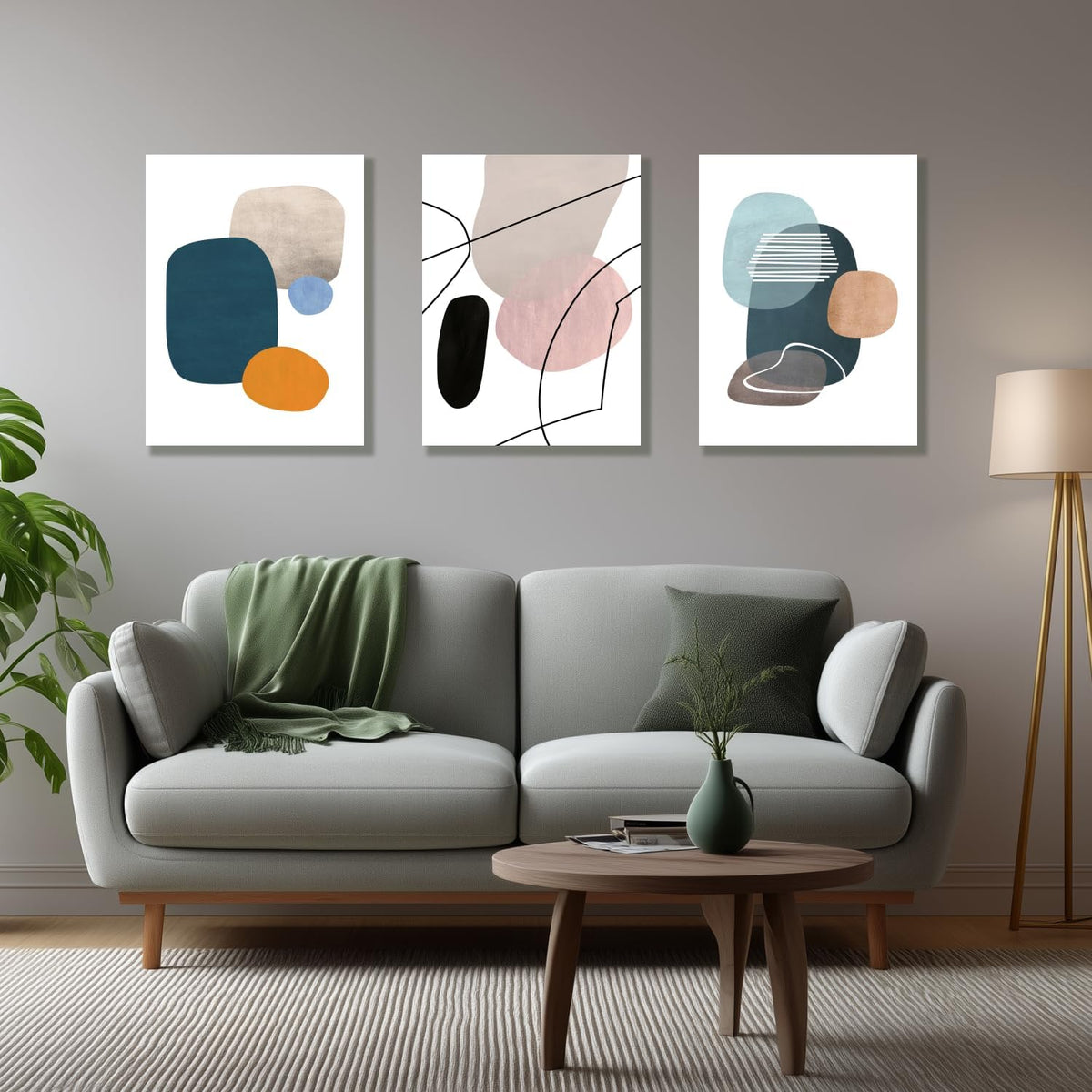 IAFWZX Framed Abstract Geometric Wall Art, Orange Blue Beige Color Block Wall Decor, Modern