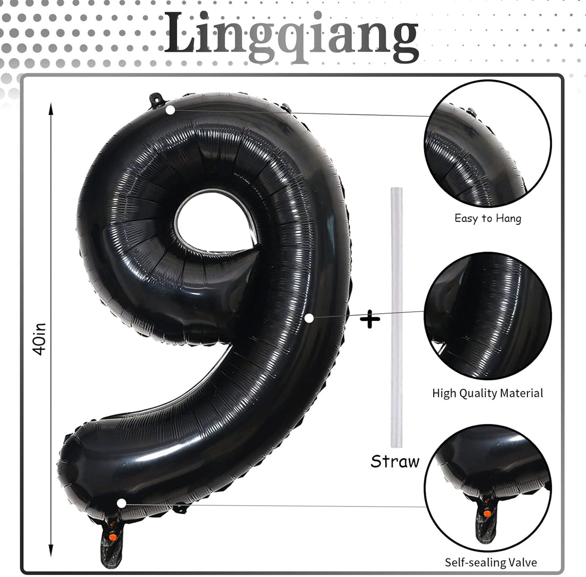 40'' Black Number 9 Balloons, Giant Self Inflating Foil Number Balloons Set 0-9, Large Digital 9