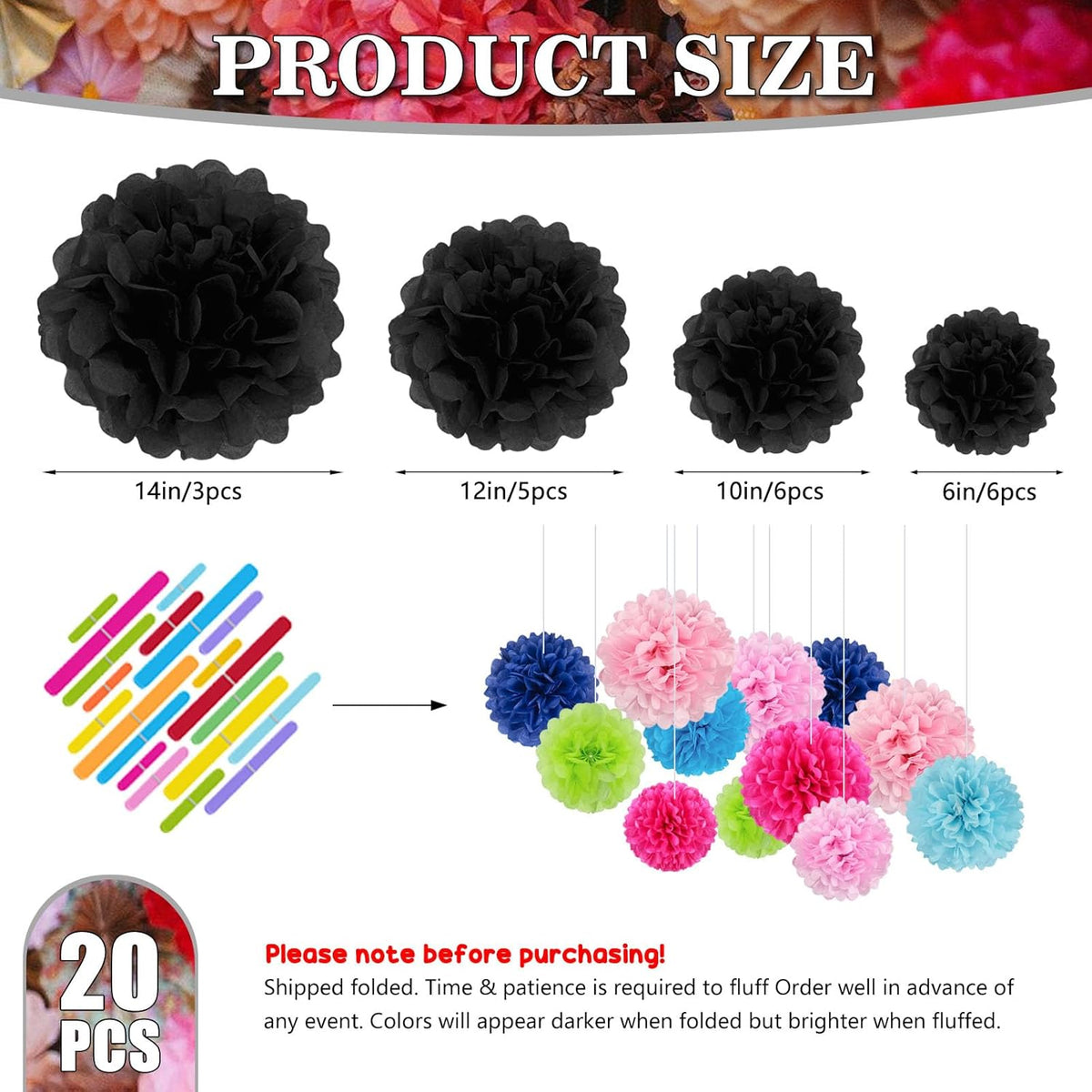 Tissue Paper Pom Poms, Black Tissue Paper Flowers, Hanging Flower Balls for Weddings Fiesta Parties