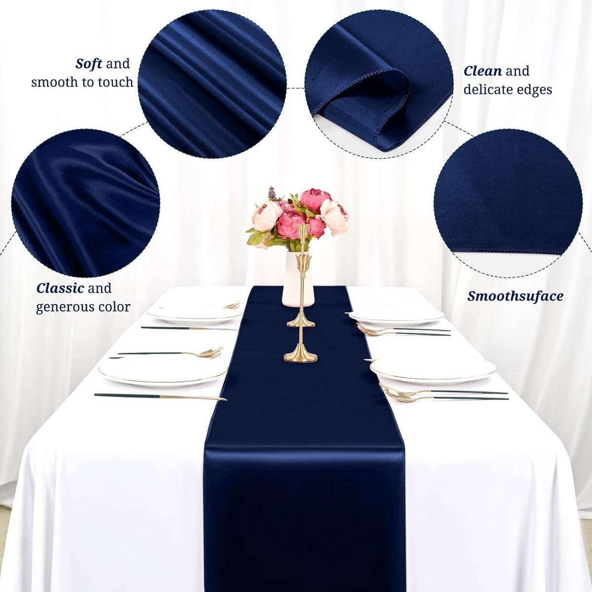 12 Pack Navy Blue Satin Table Runner,12 x 108 inch Long Premium Smooth Table Runner for Wedding