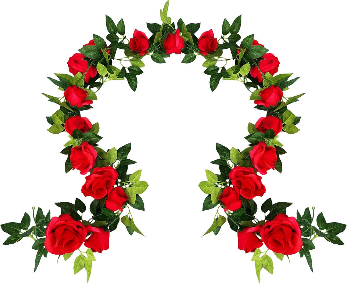 UKELER 2 Pack 14FT Artificial Rose Vines Red Flower Garland Artificial Rose Flowers with Green
