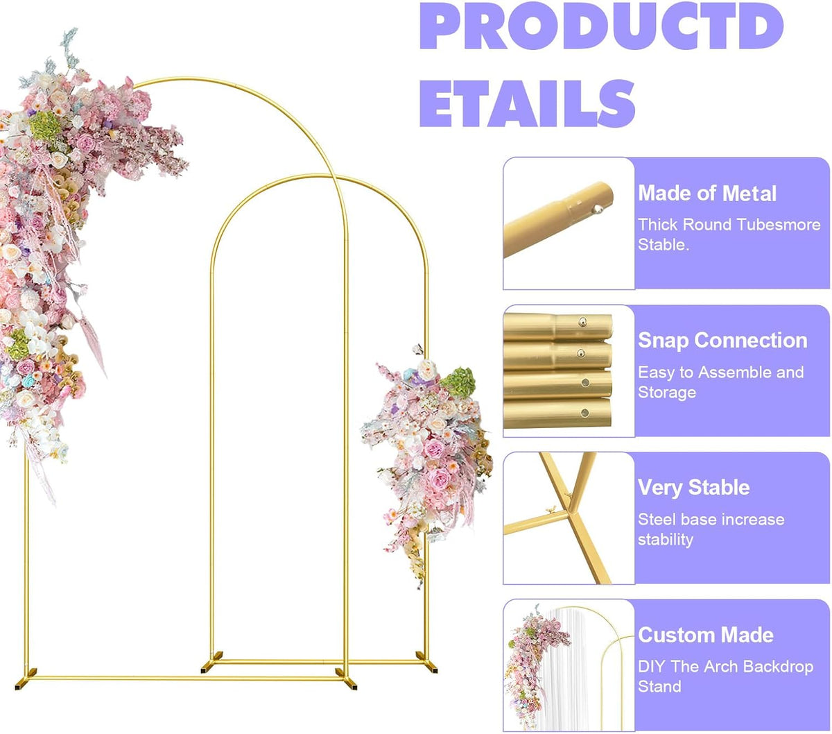 Wedding Arch Backdrop Stand Set of 2 (7.2FT, 6FT) Gold Wedding Balloon Arched Backdrop Stand Square