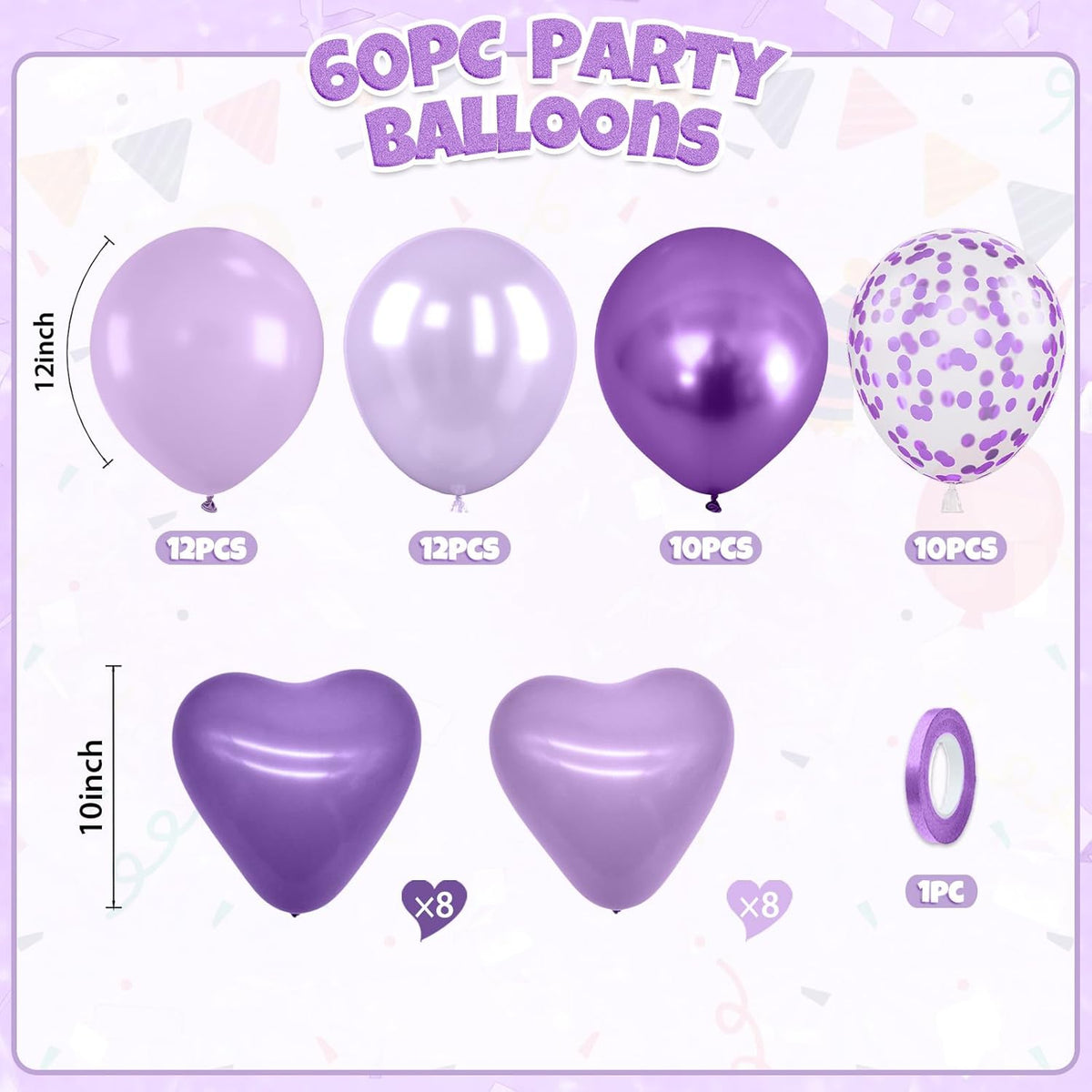 Purple Balloons, 60pcs Metallic Purple Balloons With Matte Macaron Heart Latex Balloon Confetti