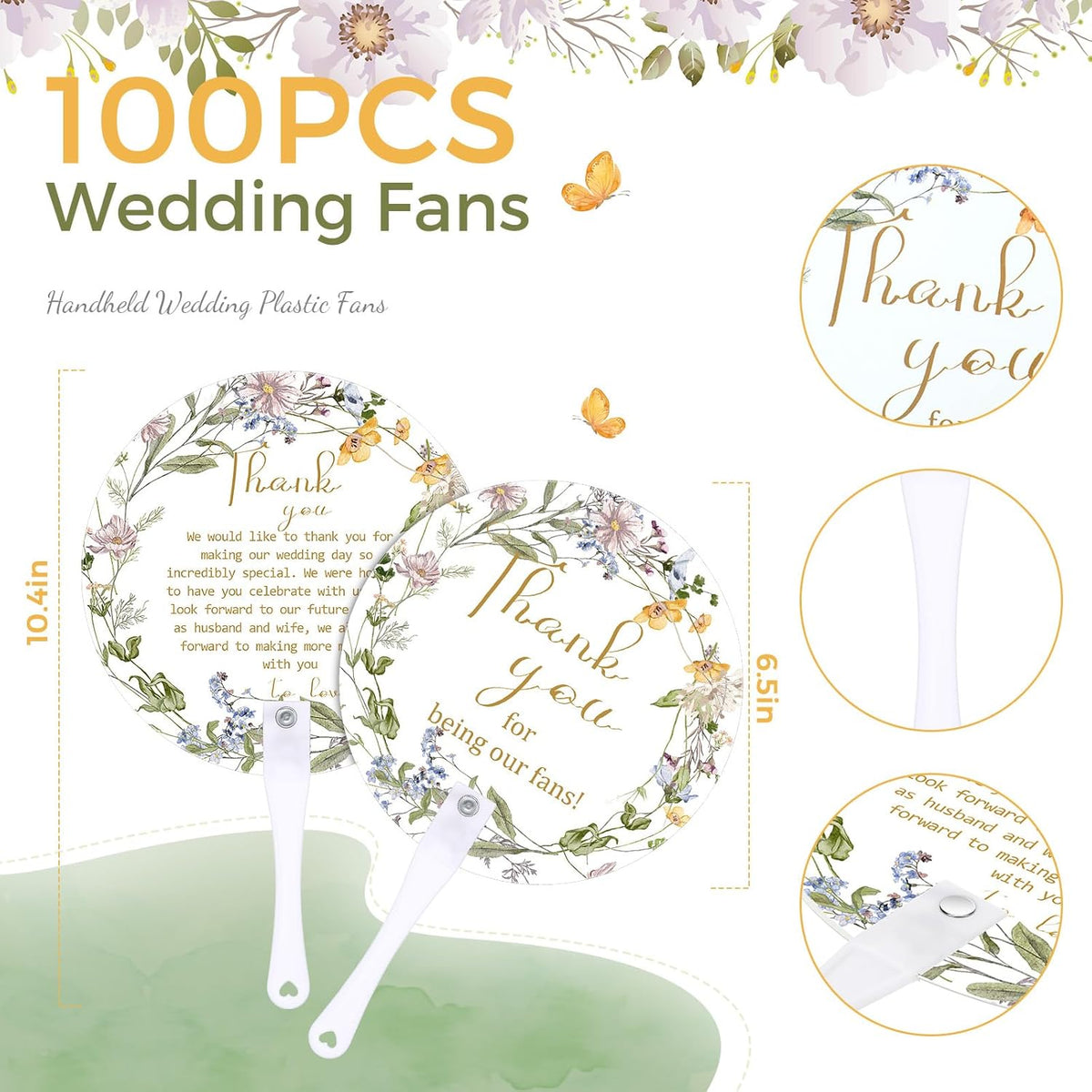 Roowest 100 Pcs Wedding Fans for Guests Bulk Plastic Floral Handheld Wedding Fans with Handle Thank
