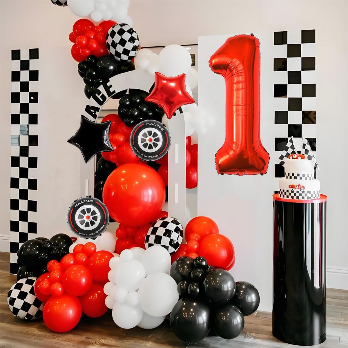 Race Car Birthday Party Decorations - 40 Inch Mylar Red Number 1 Balloons - Black Foil Checkered