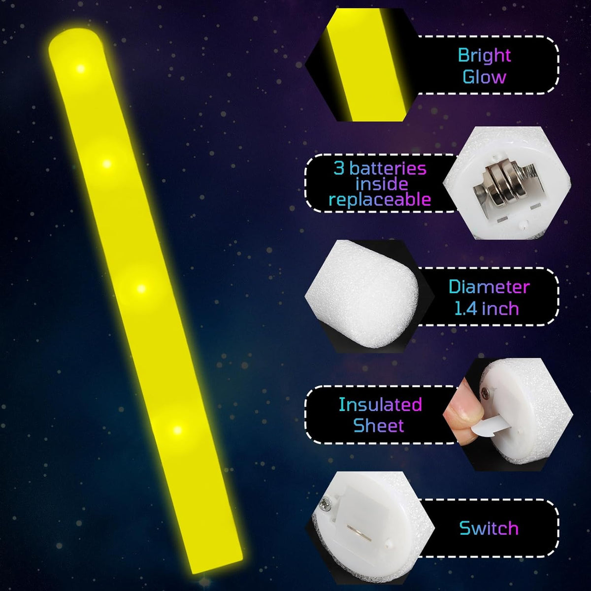 Foam Glow Sticks Bulk, 30 PCS Yellow Light Up Foam Sticks 3 Modes, Glow Party Supplies for