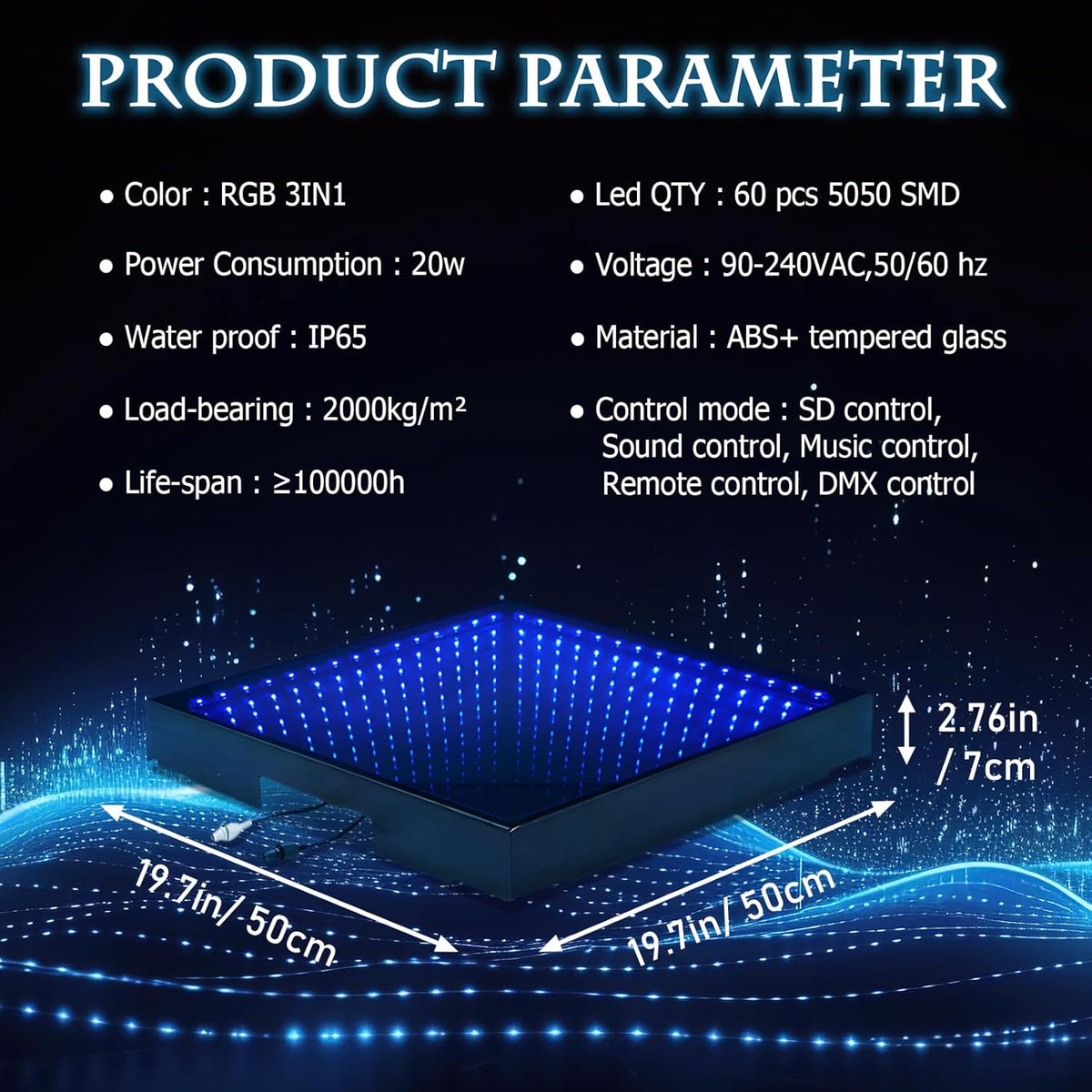 Dance Floor Stage Lights-Tempered Glass with Flight Case - RGB Color Changing Lights for Wedding
