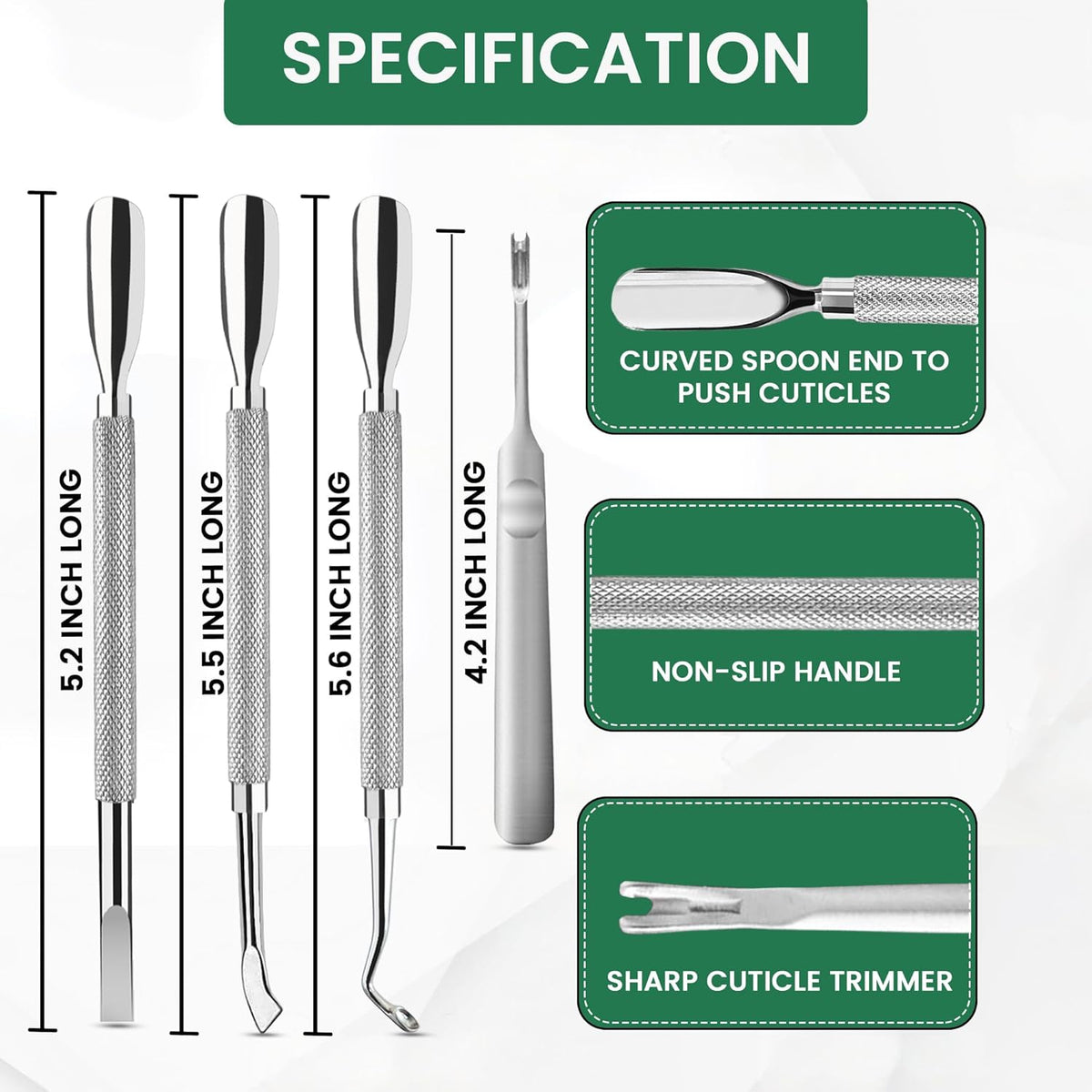 Cuticle Pusher Double Ended Sharp Edge Spoon Shaped Set, Salon Quality Stainless Steel Metal