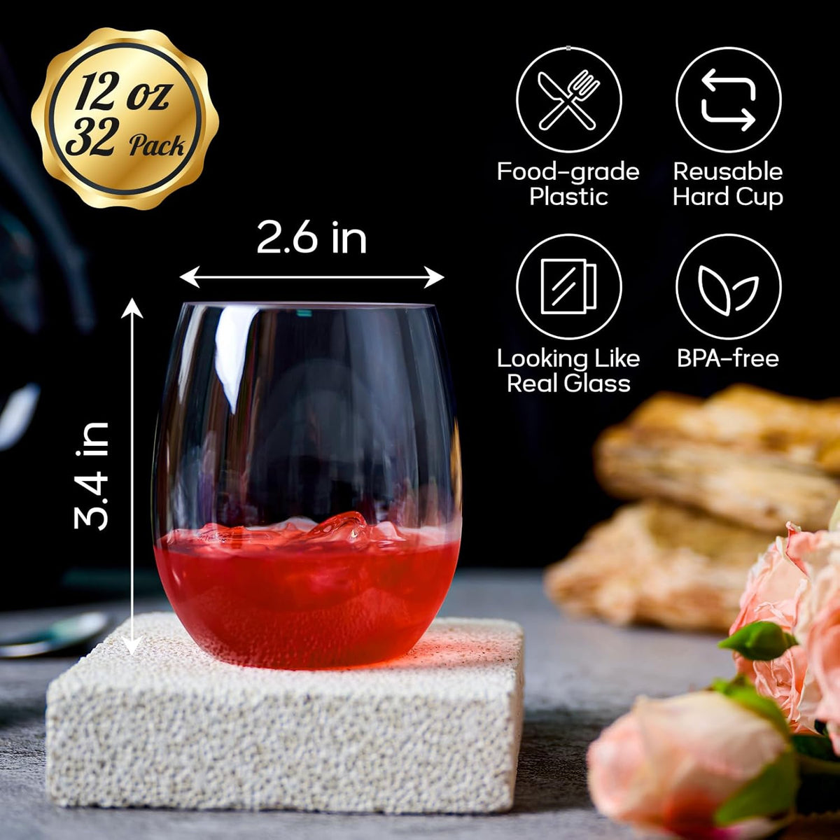 FOCUSLINE 32 Pack Plastic Wine Glasses Stemless, 12 Oz Crystal Clear Disposable Wine Cups, Reusable