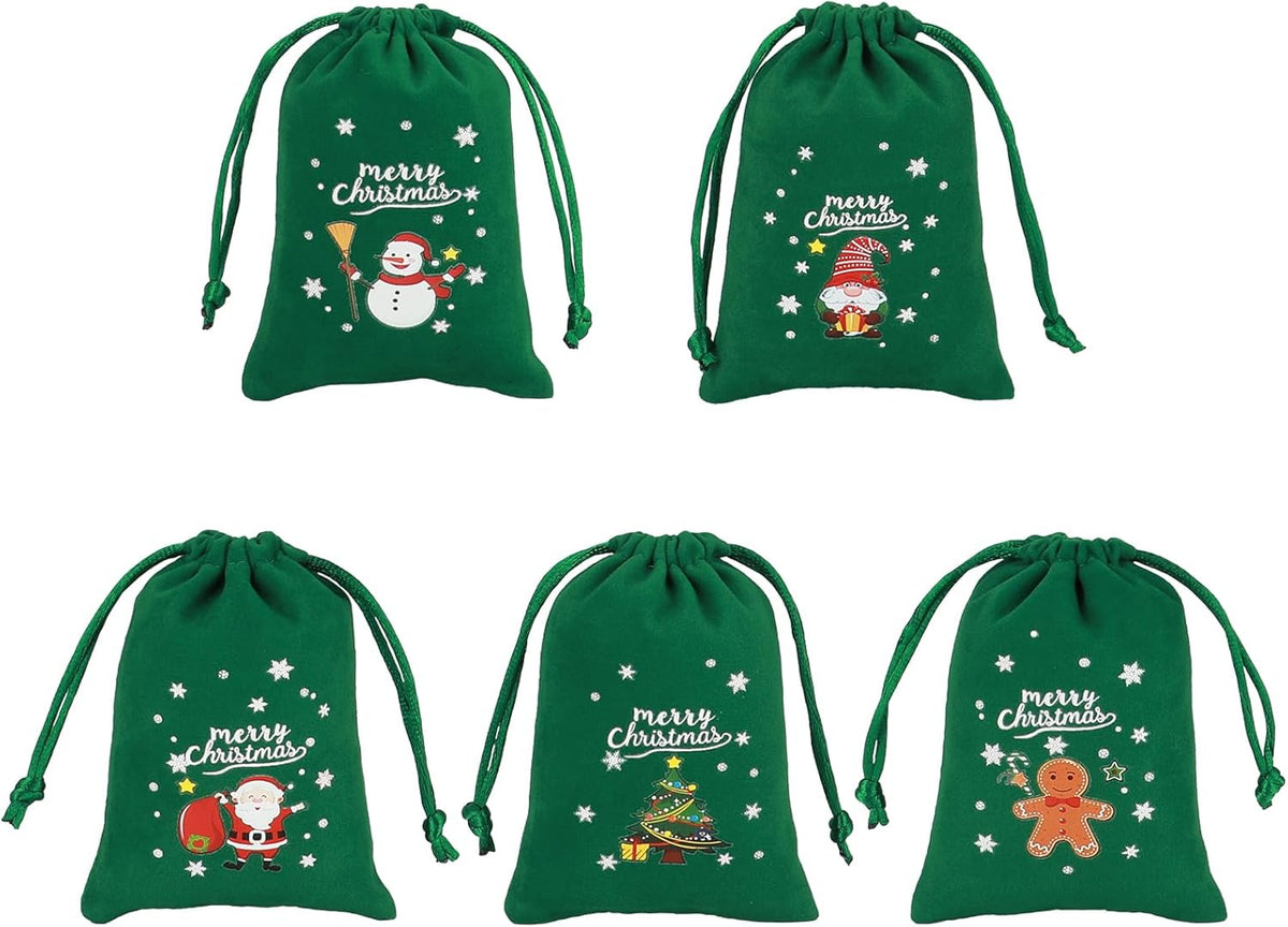 Tapleap Christmas Bags with Drawstring - 50Pcs 3x4 Green Velvet Coth for Wrapping Christmas Party