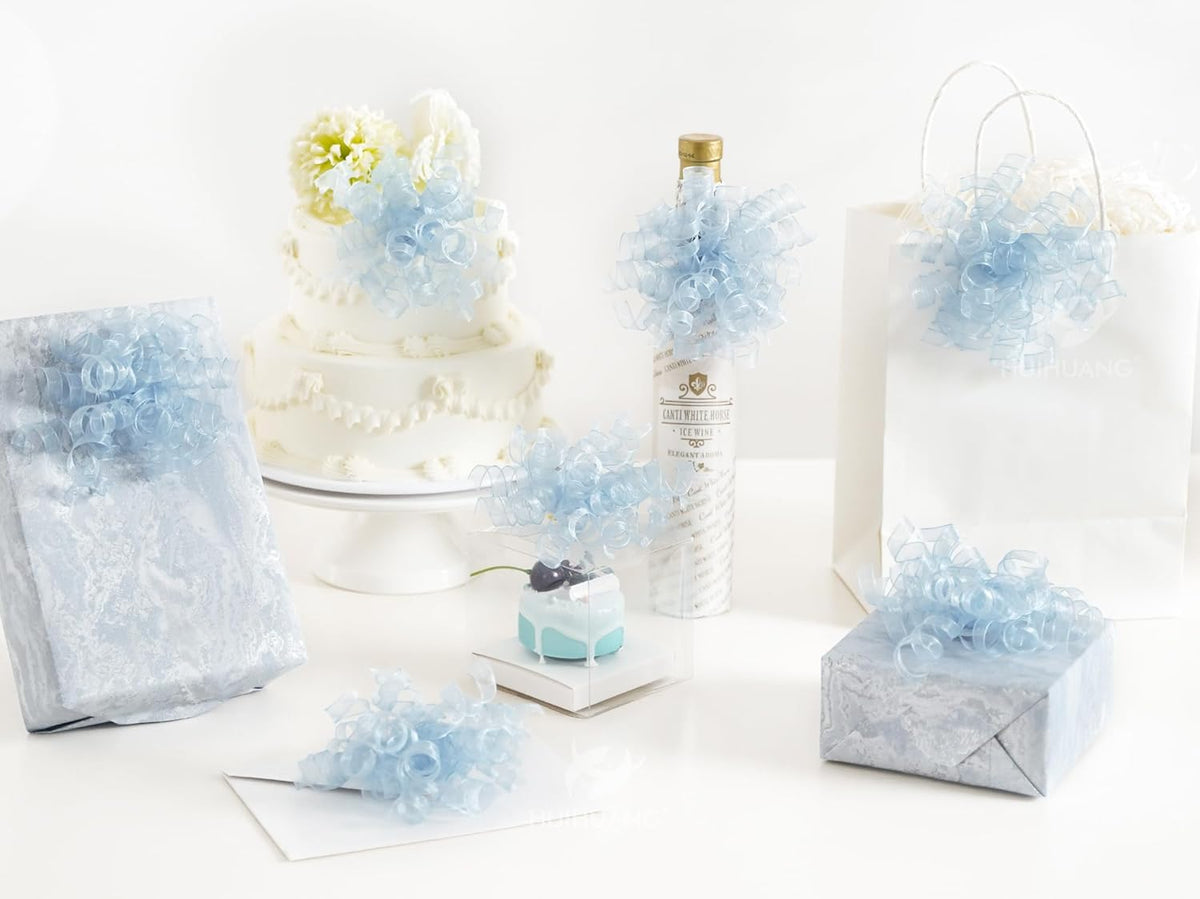 HUIHUANG Blue Bows for Gift Wrapping Burst Curly Gift Bows 5 inch x 8 Counts Self-Adhesive Curly