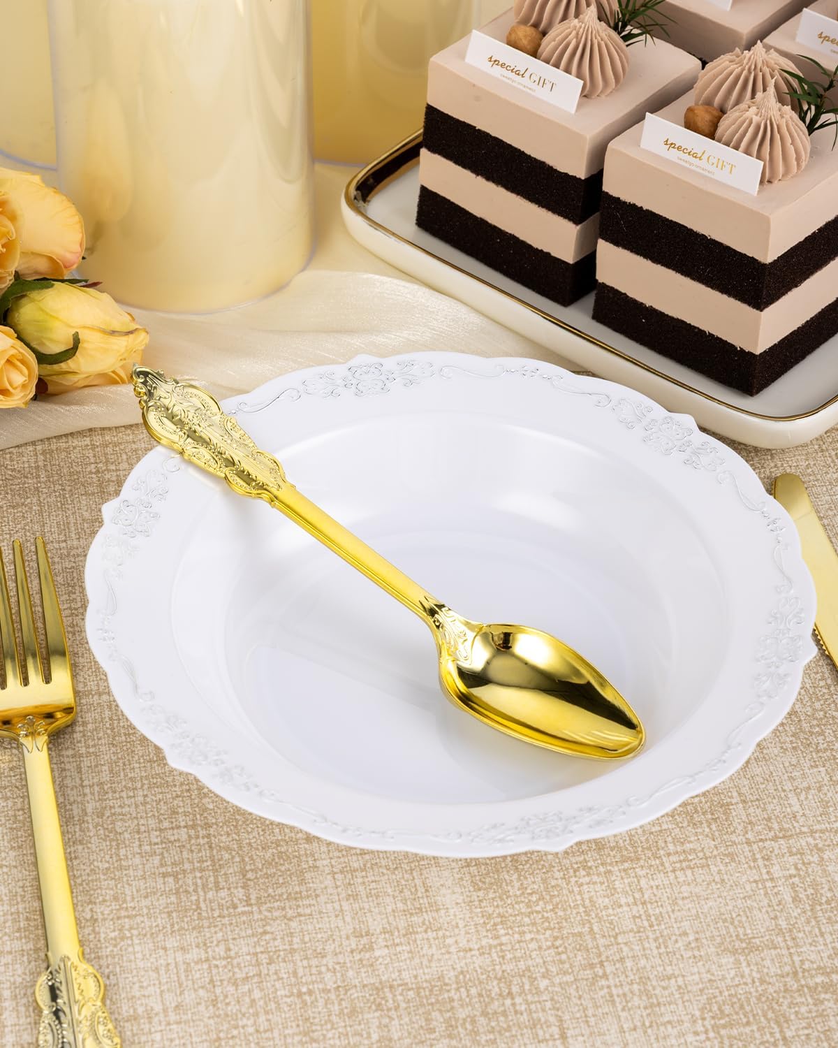 50 Pack White Plastic Bowls with Silver Rim, 12oz Plastic Salad Bowl, Disposable Bowls for Party