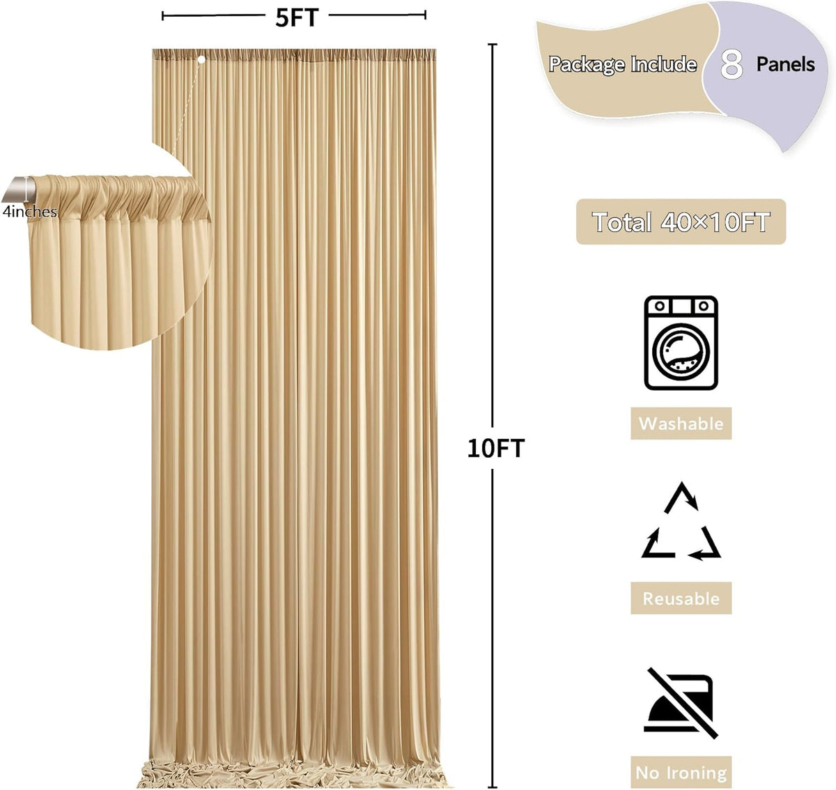 40ft x 10ft Wrinkle Free Beige Backdrop Curtain for Wedding Parties, Thick Polyester Photo Backdrop