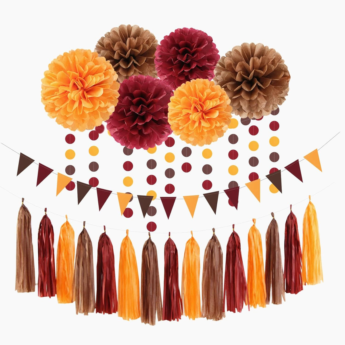 Brown Burgundy Orange Party-Decorations - 23pcs Fall Autumn Thanksgiving Harvest Paper Tissue Pom