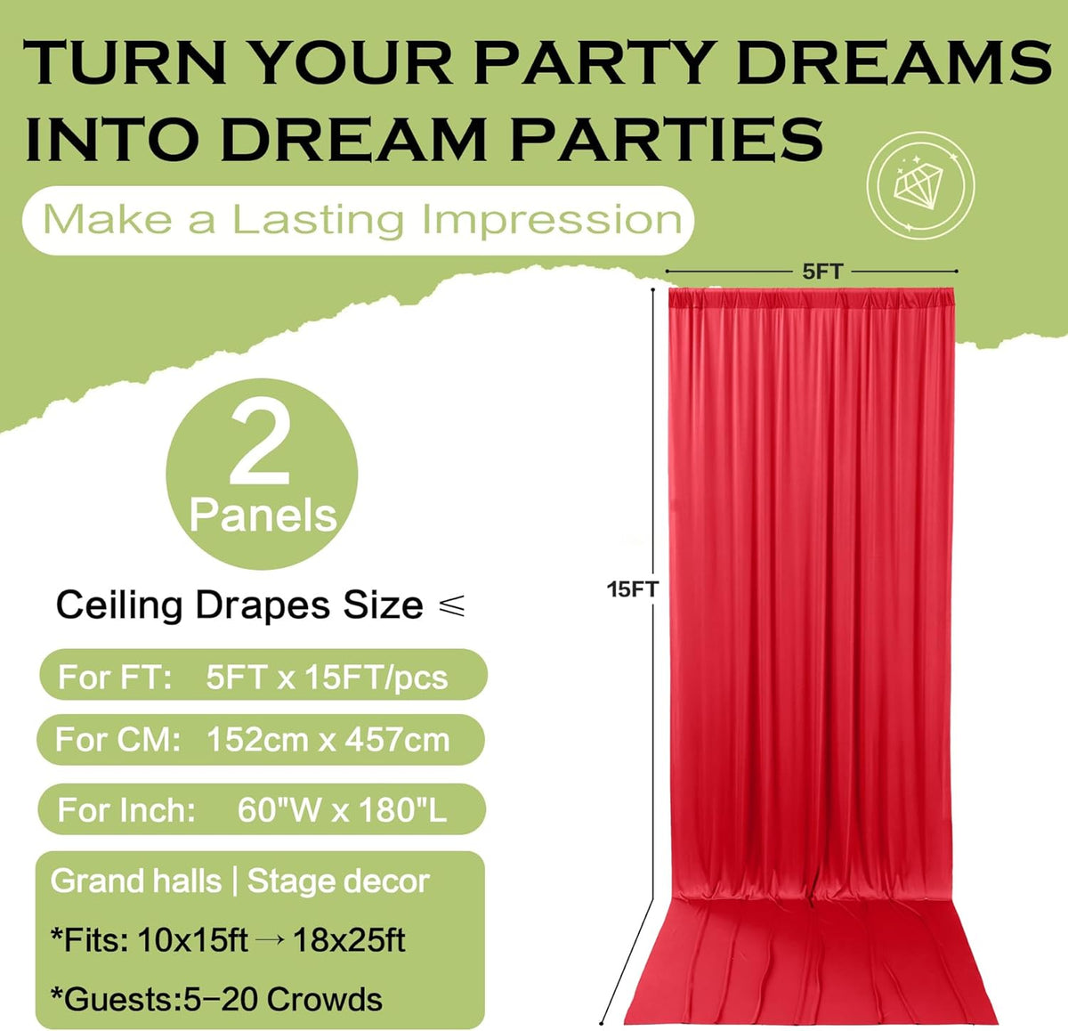 PartyVillage 10ft×15ft Red Backdrop Curtain for Wedding Parties, 2 Panels Wrinkle Free 15 FT Long