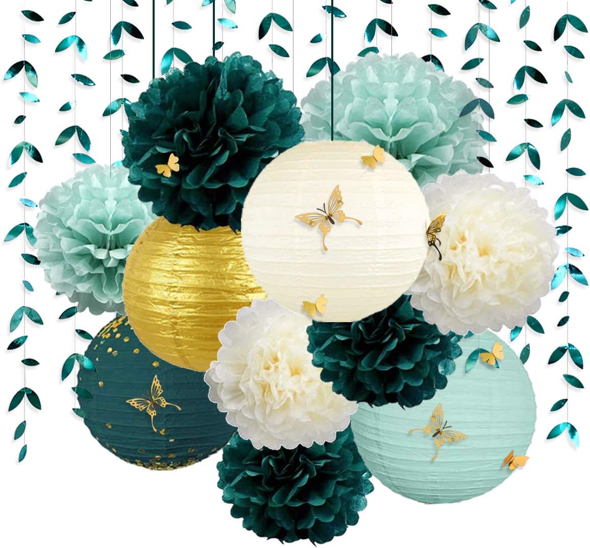 Hunter Green and Gold Hanging Tissue Lantern Flowers Pom Pom with 3D Butterflies Leaf Garland