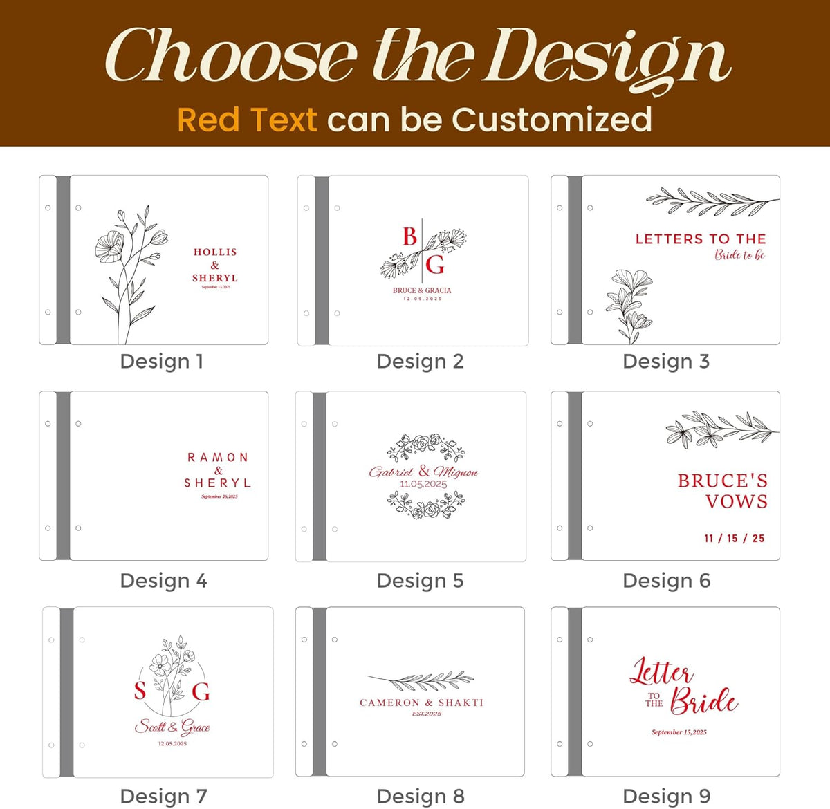 NBE Personalized Wooden Guest Book - Custom Wedding Sign-In Book with Burgundy Spine - Rustic Photo