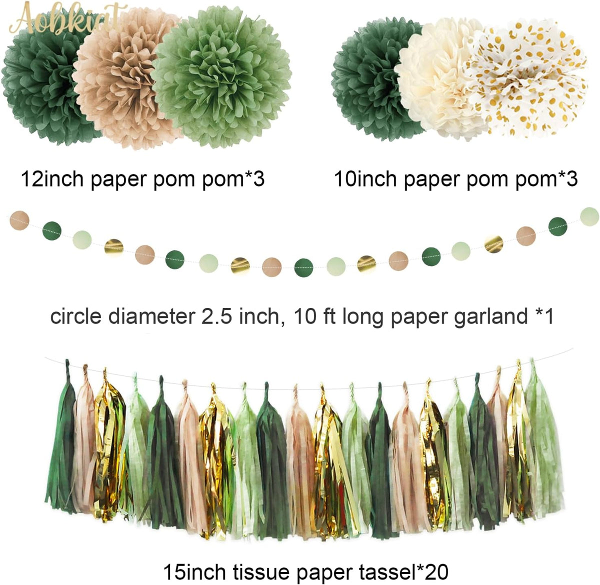 AOBKIAT Sage Green Wedding Party Decorations,28 PCS Tissue Paper Pom Poms,Circle Dots Garland Paper