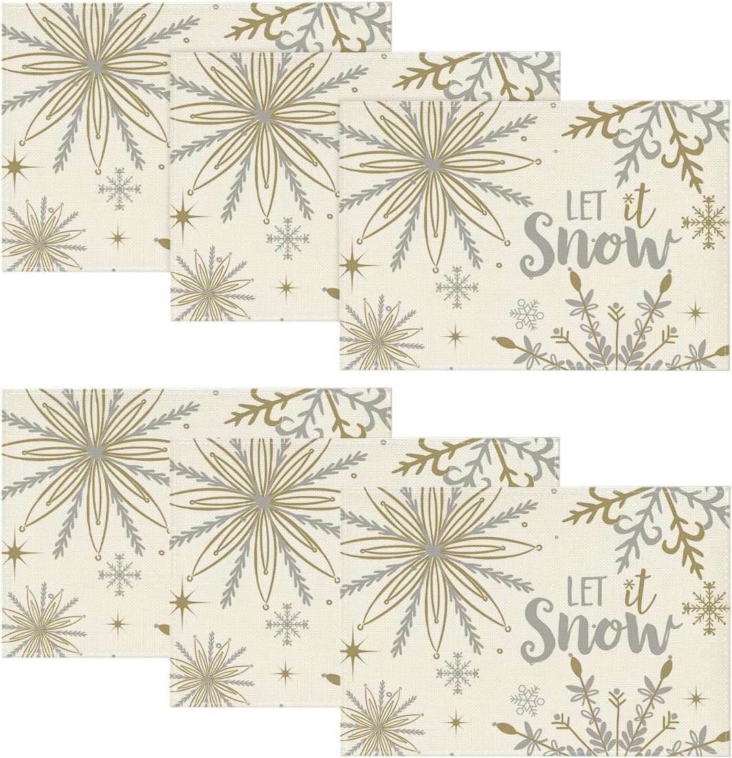 Artoid Mode Beige Snowflake Let It Snow Winter Placemats Set of 6, 12x18 Inch Seasonal Christmas
