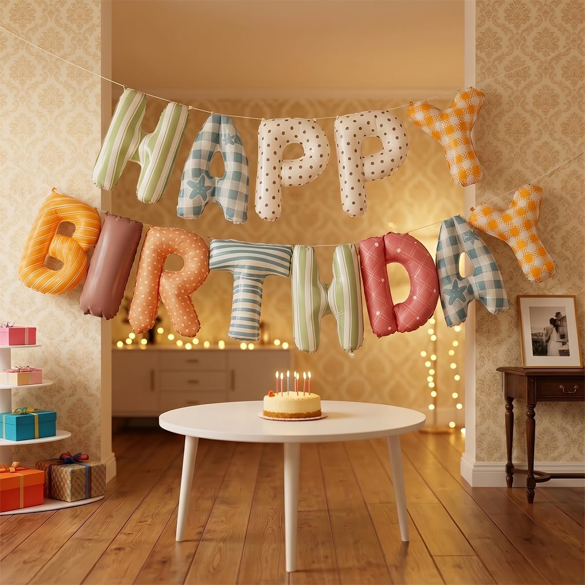 Vrukiaa Colorful Happy Birthday Banner Foil Letter Balloon, 14 Inch 3D Plaid, Polka Dots, Stripes