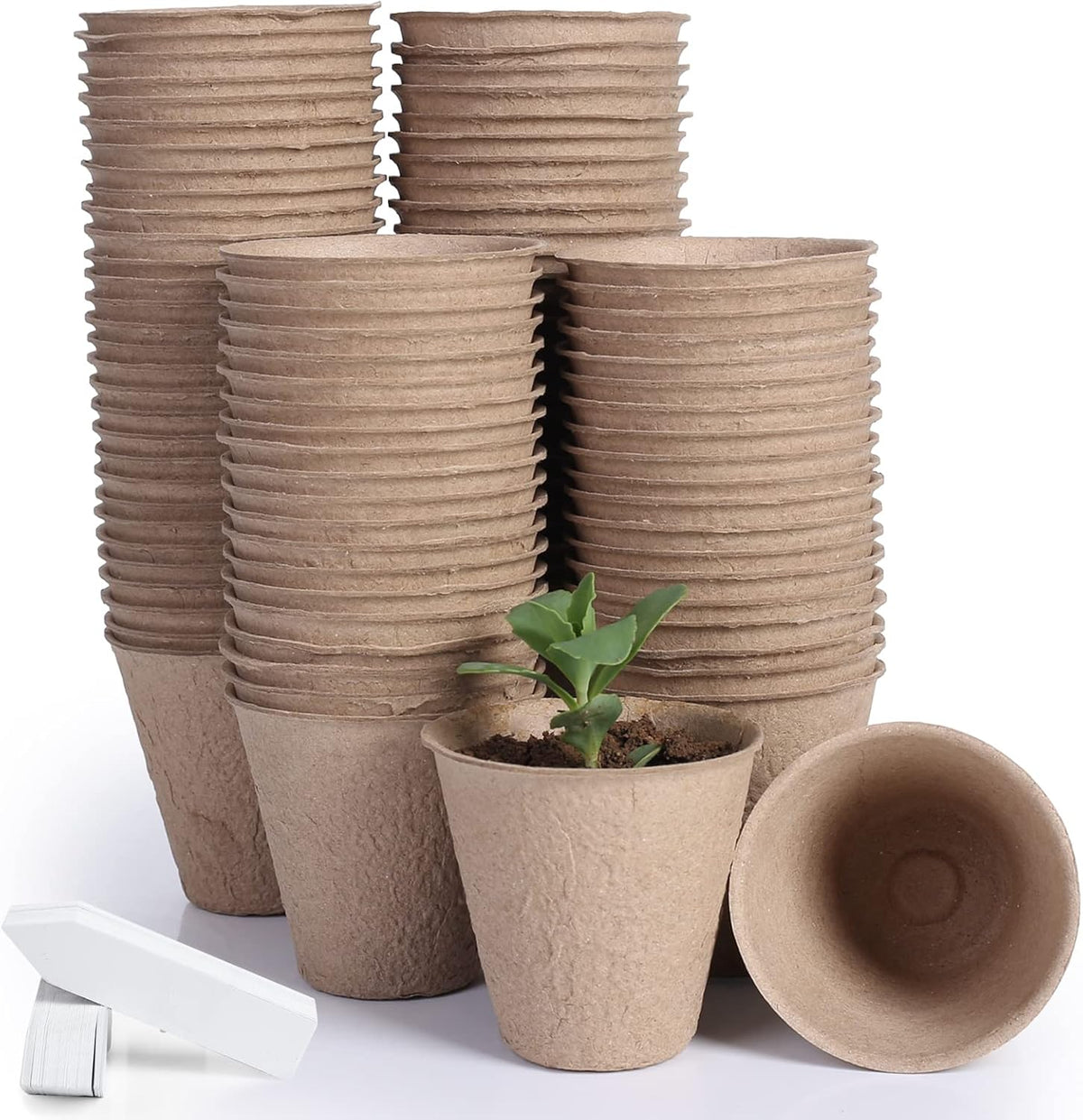 JERIA 100-Pack 3.15 Inch Peat Pots for Seedling with 100 Pcs Plant Labels,Outdoor Garden