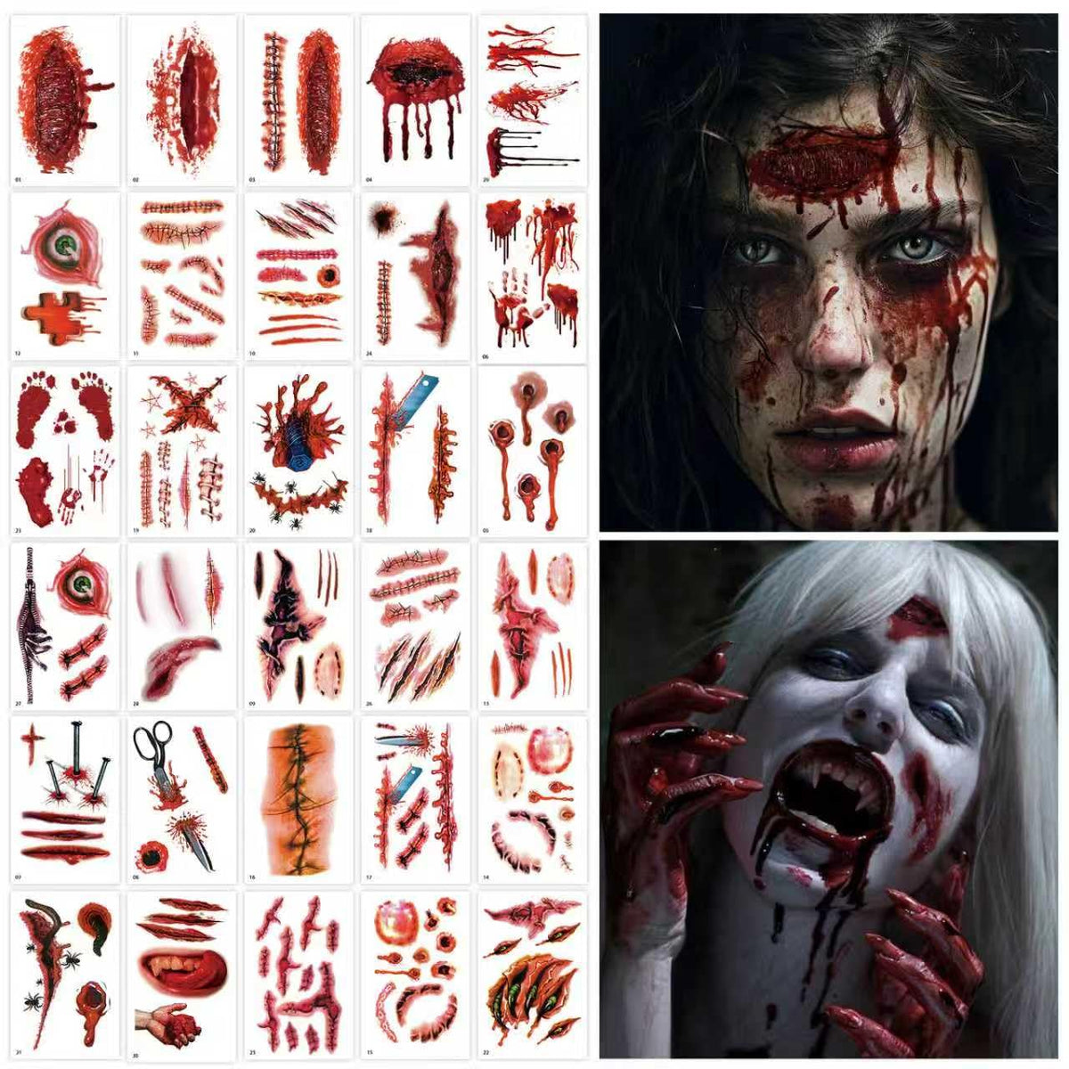 30 Sheets Scar Tattoos Temporary Halloween Makeup Kit, Large Size Fake Chucky Scars Stitches Bloody