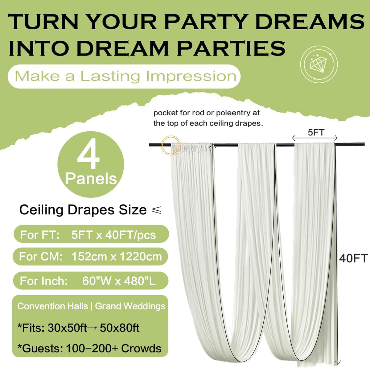 PartyVillage 20ftx40ft Ivory Ceiling Curtain for Wedding Parties – 4 Panels Wrinkle-Free 40 FT Long